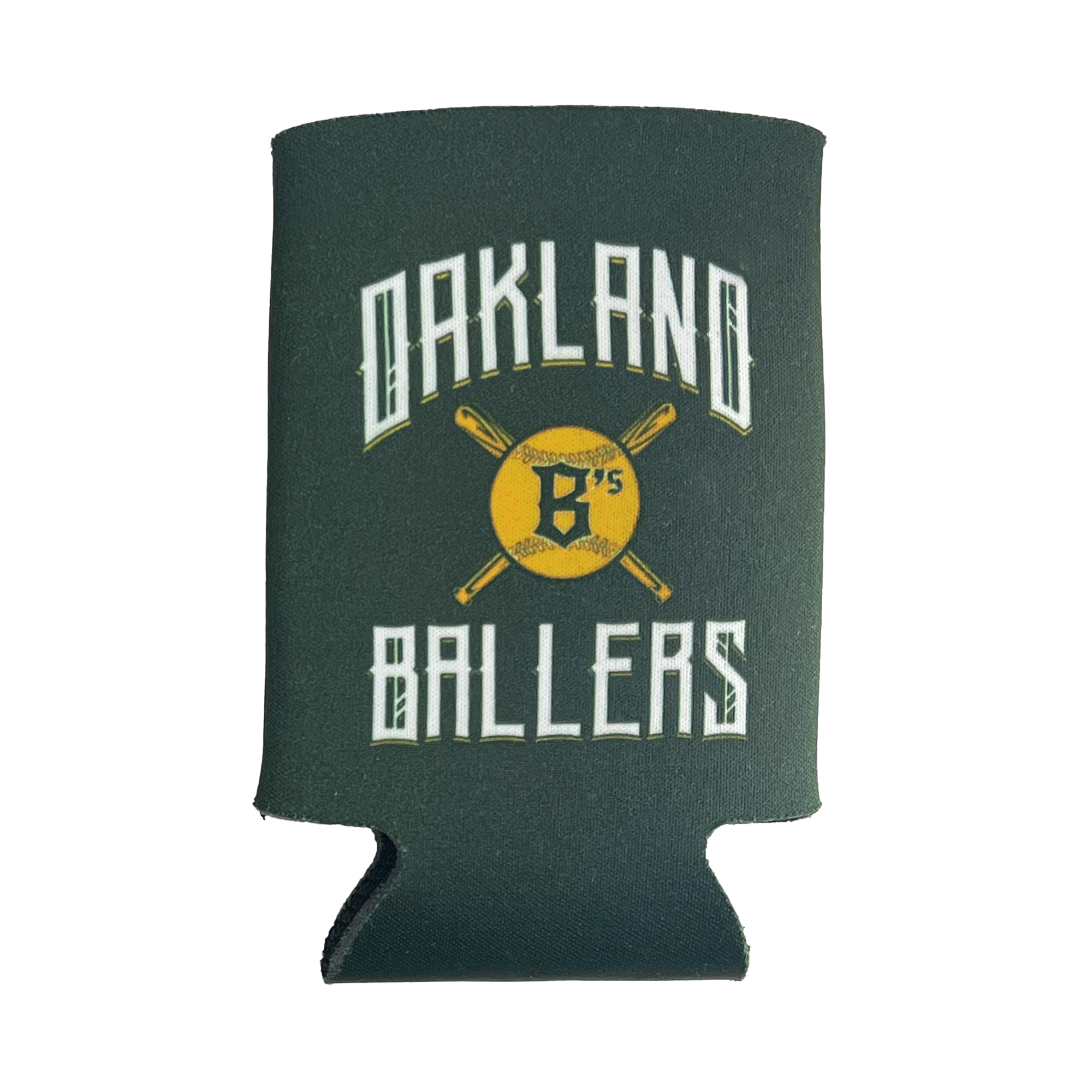 Image of a green foam can cooler, named "Oakland Ballers 12oz Can Cooler" by the Oakland Ballers brand, featuring the text "OAKLAND BALLERS" in a white old-English font. Between the words is a yellow baseball with the letter "B's" and two crossed bats behind it, celebrating the new professional baseball team in the Pioneer League. The can cooler has a cutout at the bottom to accommodate the base of a can.