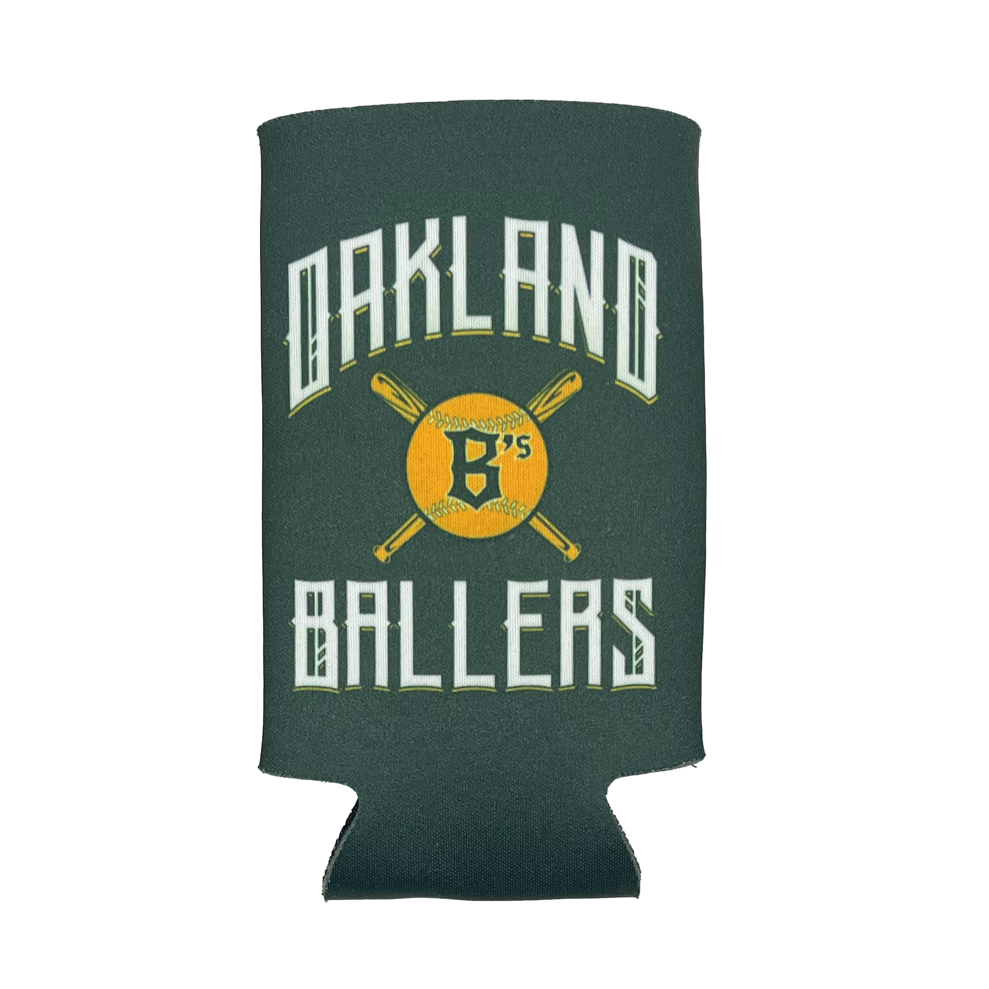 The Oakland Ballers 16oz Can Cooler, branded by the Oakland Ballers, is green and features the words "Oakland Ballers" in white, stylized text. In the center, it showcases a yellow baseball with a black letter "B's," crossed by two baseball bats. Representing a professional team from the Pioneer League, this cooler is perfect for game days.