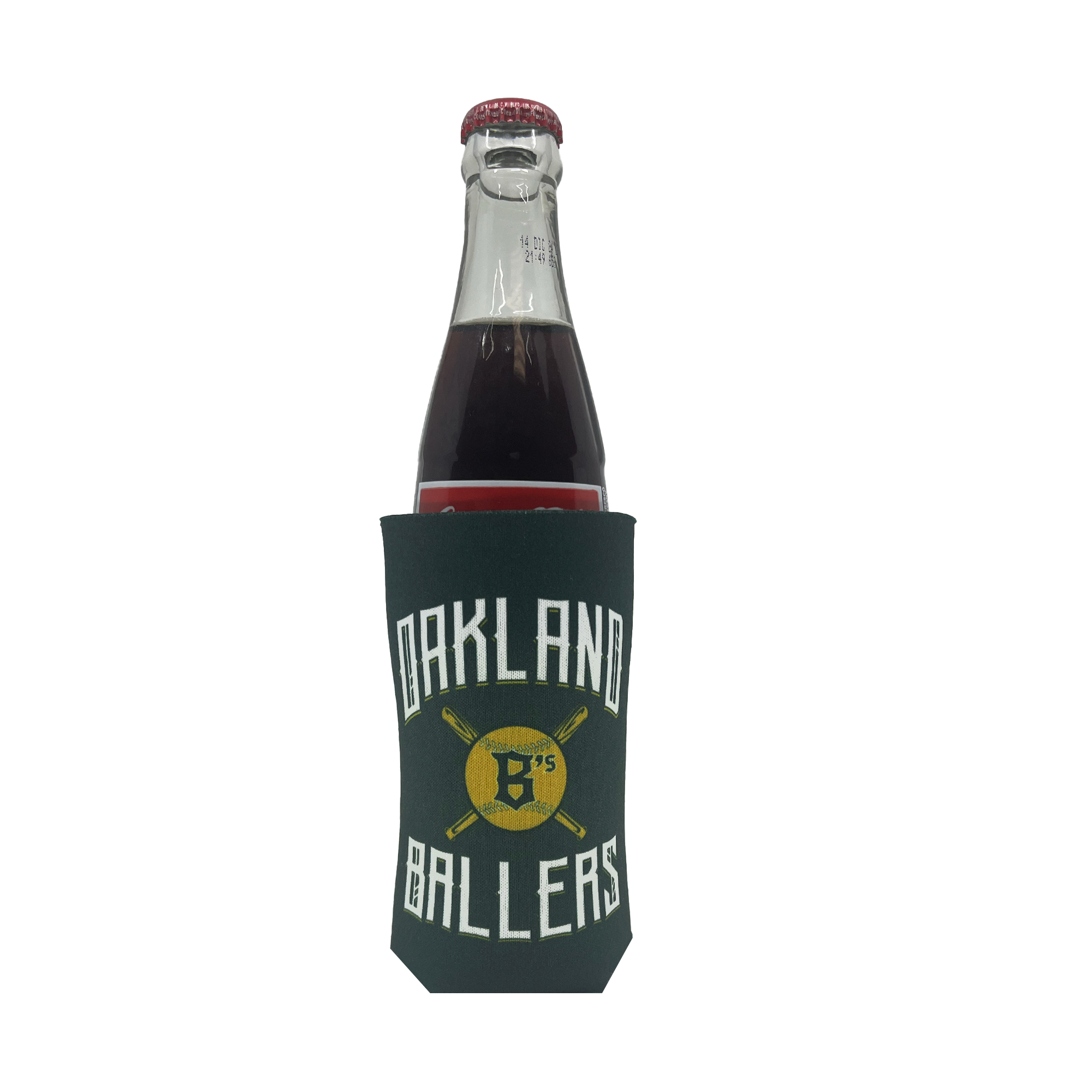 A bottle with a red cap is encased in the Oakland Ballers 16oz Can Cooler. The dark green koozie showcases the "OAKLAND BALLERS" text in white surrounding a yellow logo with two crossed baseball bats and the initials 'B' and '75', celebrating the Oakland Ballers, a professional baseball team in the Pioneer League. The bottle contains a dark liquid, possibly a beverage.