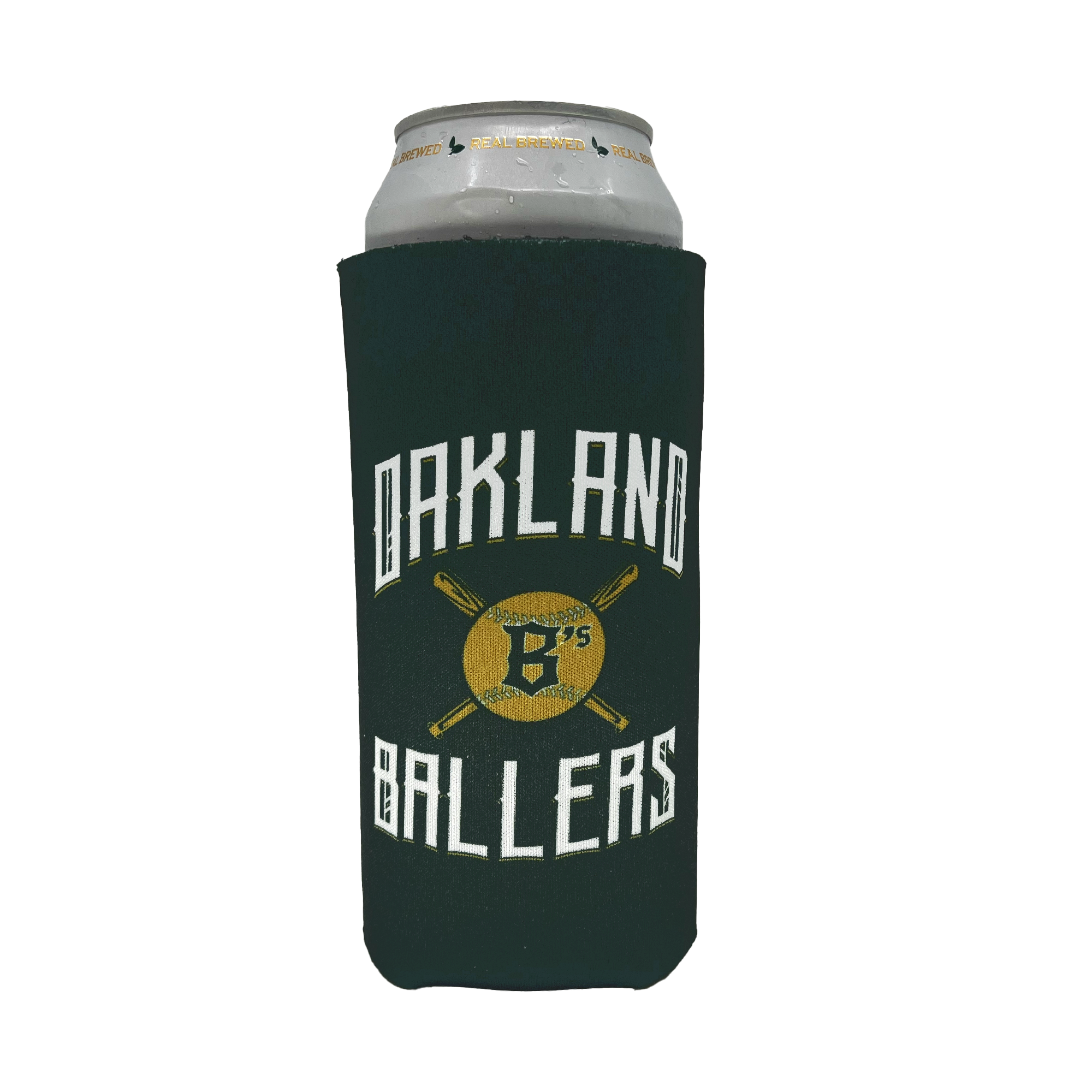 A beer can is wrapped in an Oakland Ballers 24oz Can Cooler. The dark green cooler features the text "Oakland Ballers" in white, with two crossed baseball bats and a golden baseball in the center. The baseball has the text "B's" in black, celebrating Oakland's new pro baseball team from the Pioneer League.