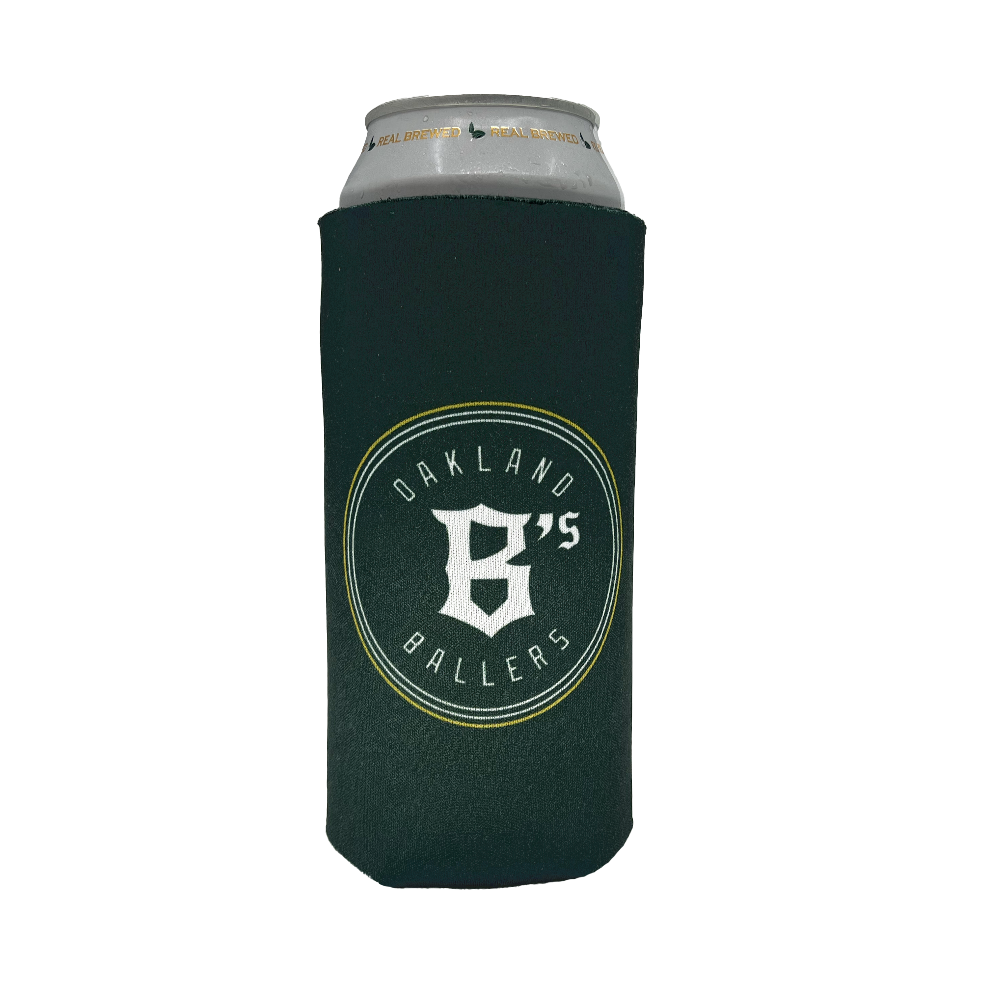 A silver can is wrapped in an Oakland Ballers 24oz Can Cooler. The dark green cooler features the logo and text "OAKLAND BALLERS," celebrating Oakland's New Pro Baseball Team in the Pioneer League, with a prominent letter "B" and the number "6" combined in the center. The cooler is designed to keep beverages cool.