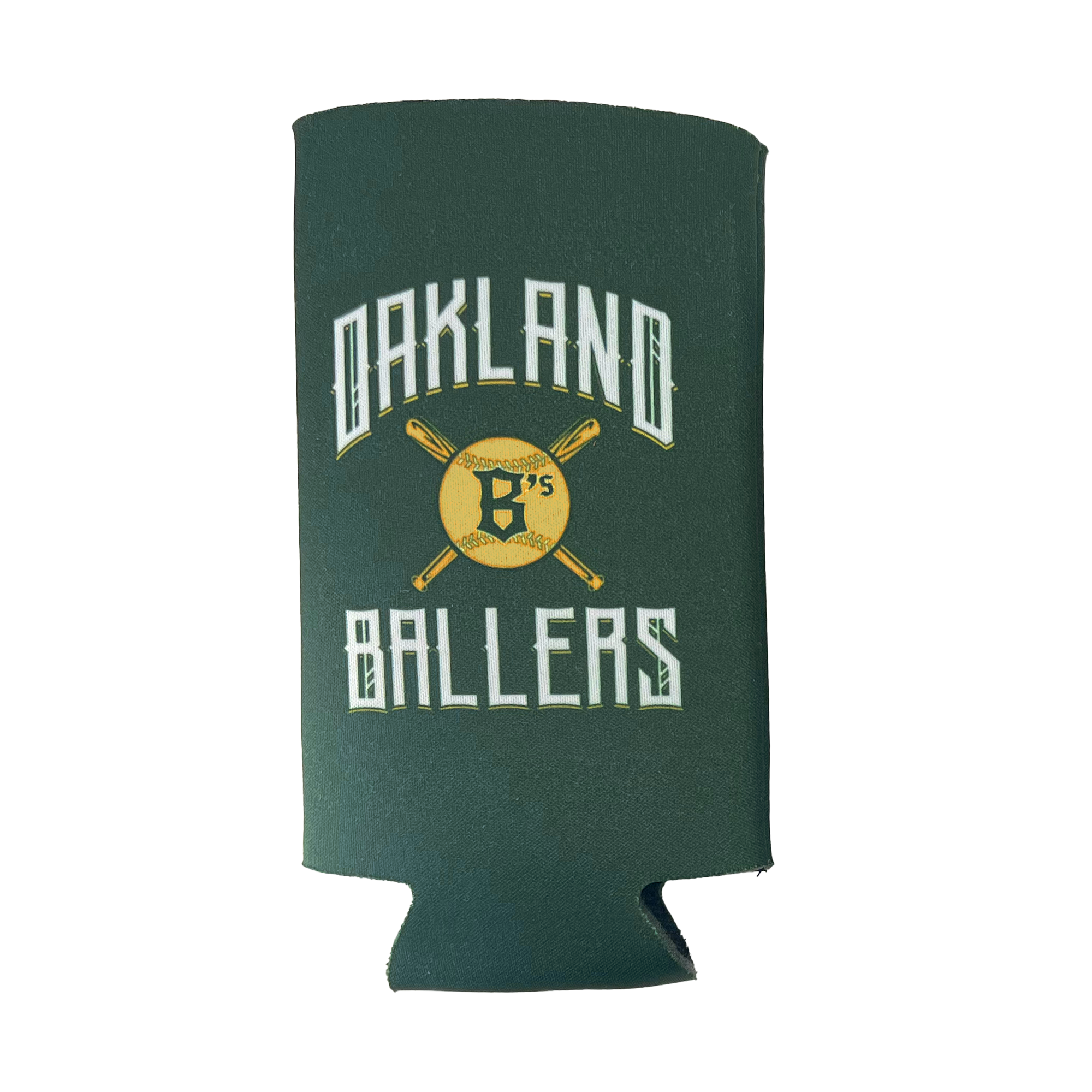 Introducing the Oakland Ballers 24oz Can Cooler: This green cooler features the text "Oakland Ballers" in a white, stylized font. The design showcases two crossed baseball bats and a yellow baseball with the letter "B's" in black at the center, celebrating Oakland’s new pro baseball team from the Pioneer League. It comes with a flat base and has a subtle cutout at the bottom for added convenience.