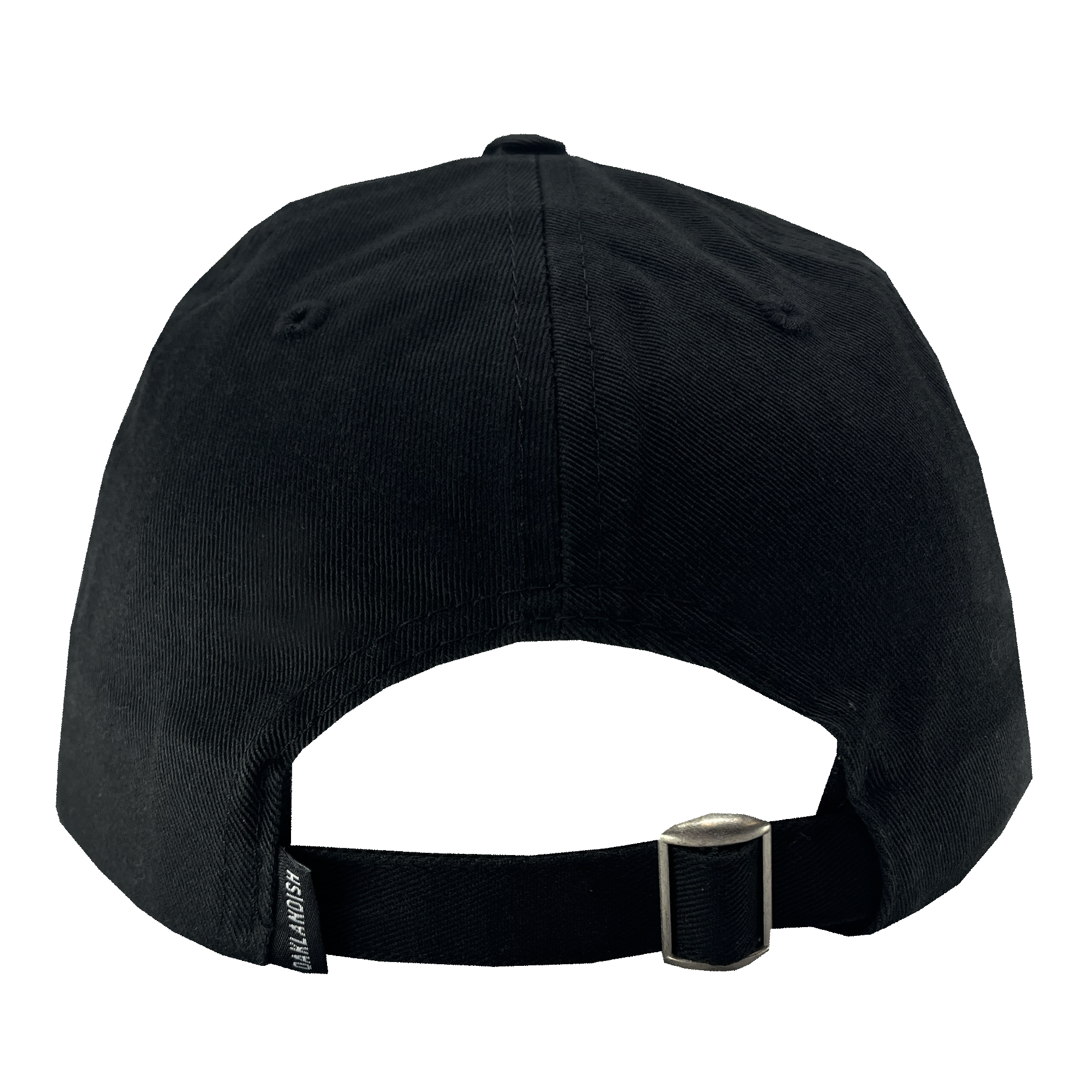 Here's a possible rewrite using the given product data:

A rear view of the Oakland Ballers Dad Hat shows a black baseball cap featuring a fabric strap and a silver-colored metal buckle for adjustment. The bottom left side of the strap showcases a small, black woven label with white text reading "Oakland Ballers." The cap boasts a smooth texture and visible stitching details.