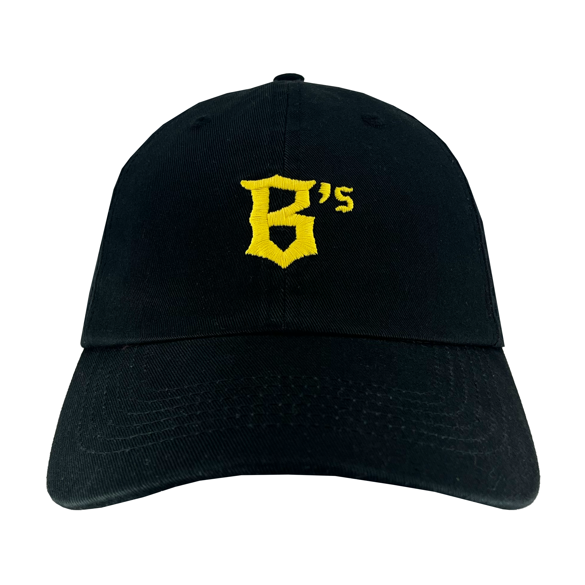 Introducing the Oakland Ballers Dad Hat, a black baseball cap featuring the yellow embroidered text "B's" in an Old English font style centered on the front panel. The brim showcases subtle stitching patterns for added detail. Representing the Oakland Ballers, a Pioneer League professional baseball team, this structured design is made of high-quality cotton.