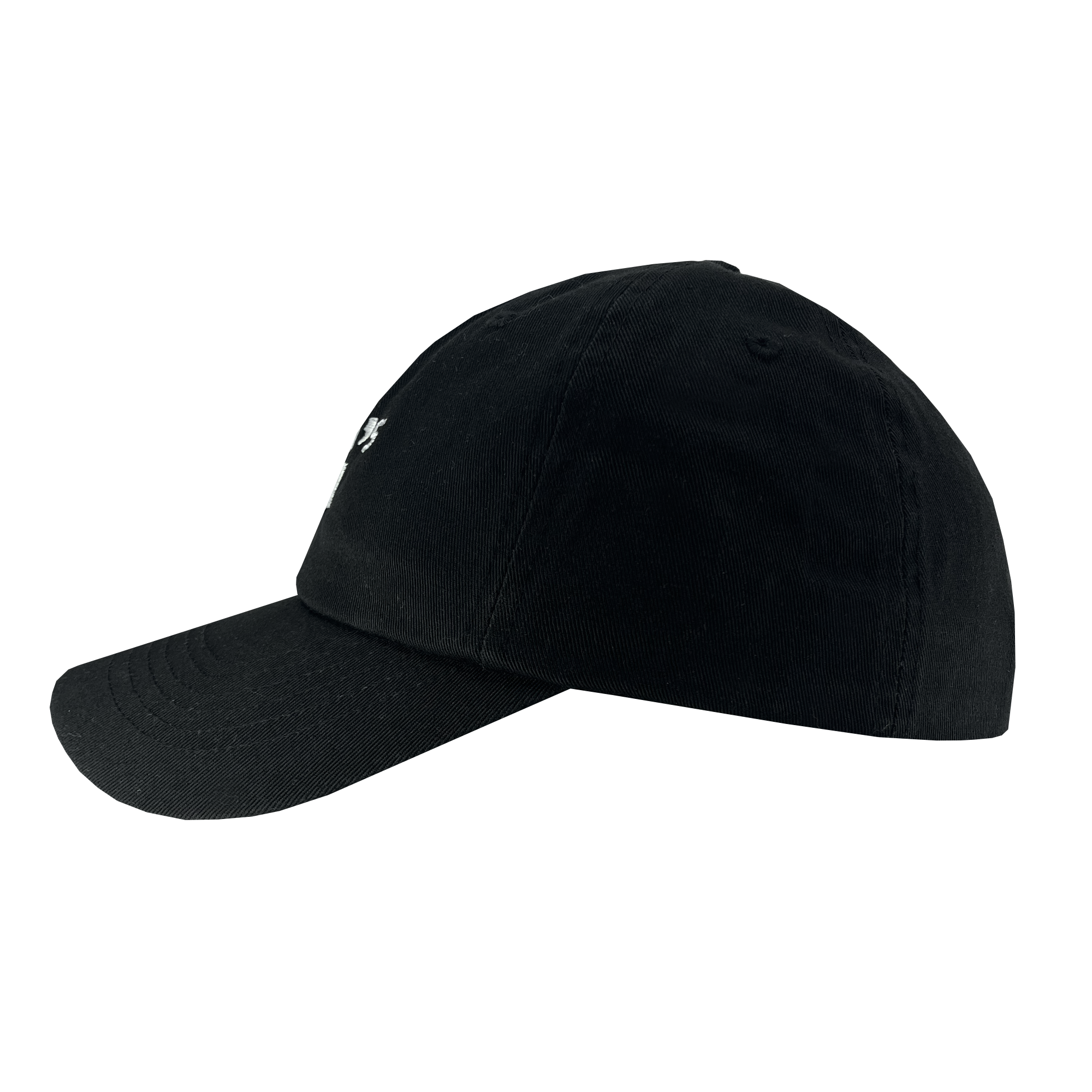 The Oakland Ballers Dad Hat, shown from the side, is black with a curved brim and visible stitching. The front panel features a small white embroidered Oakland Ballers logo. The cap has six-panel construction and includes a button on top.