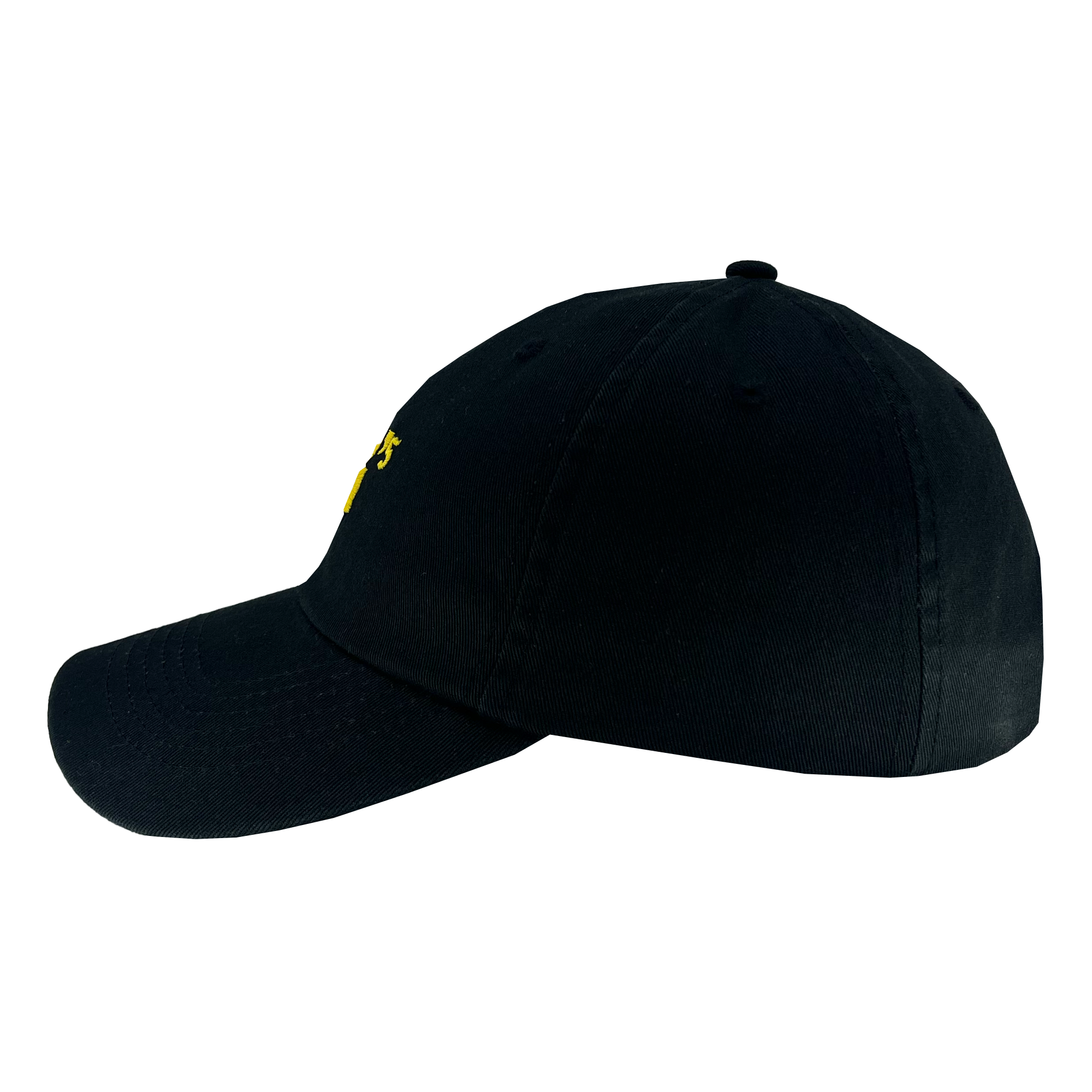 A black Oakland Ballers Dad Hat viewed from the side, highlighting its curved brim and structured crown. The front features a small yellow Oakland Ballers logo with subtle details. This hat has six panels and an adjustable strap at the back, making it ideal for any Pioneer League fan.