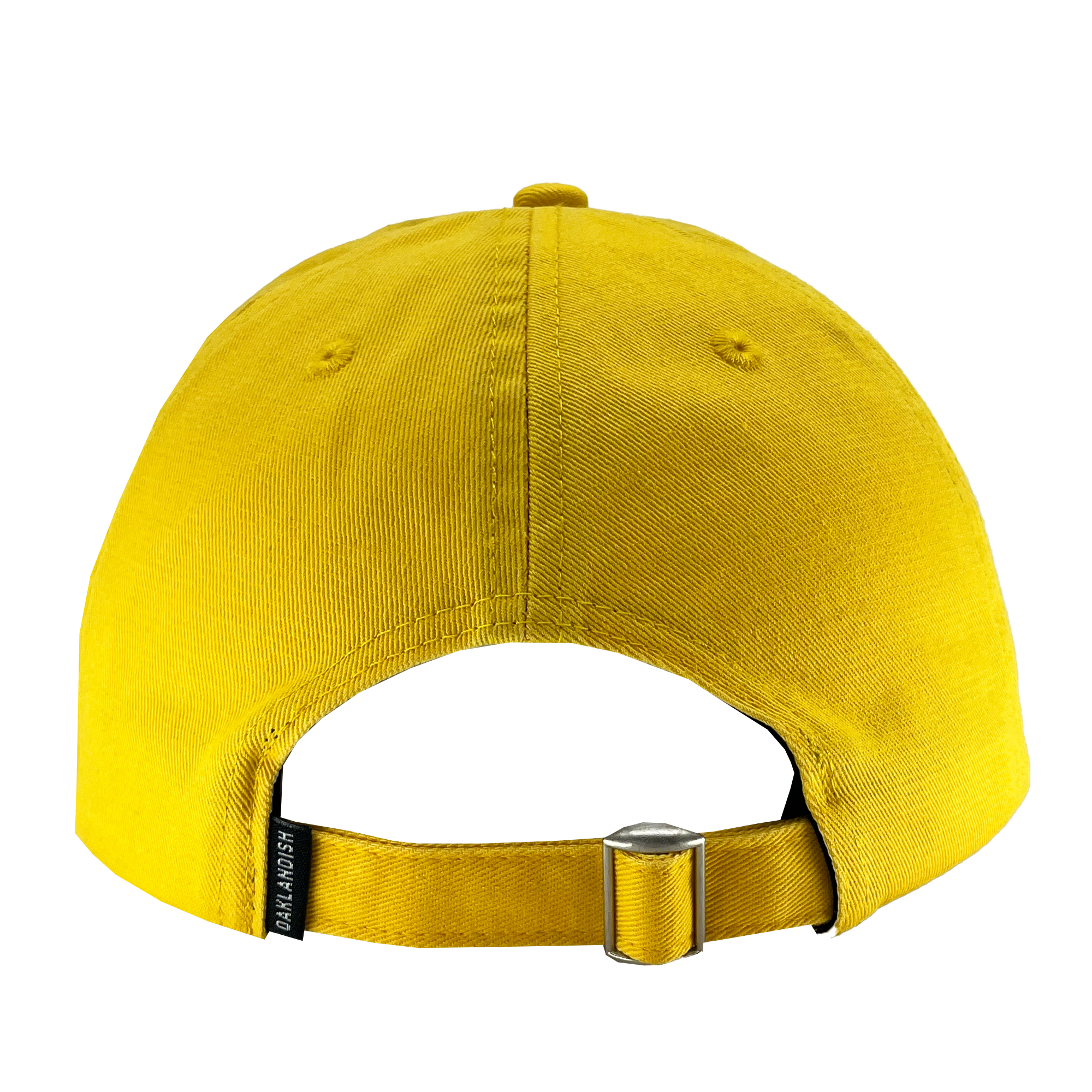 Back view of the Oakland Ballers Dad Hat in yellow, featuring a metal buckle closure on the adjustable strap. The cap has a small circular button on top and two vent holes on the upper back sides. A small black tag with white text reading "MARK AND RISH" is attached near the strap, perfect for fans of the Pioneer League.