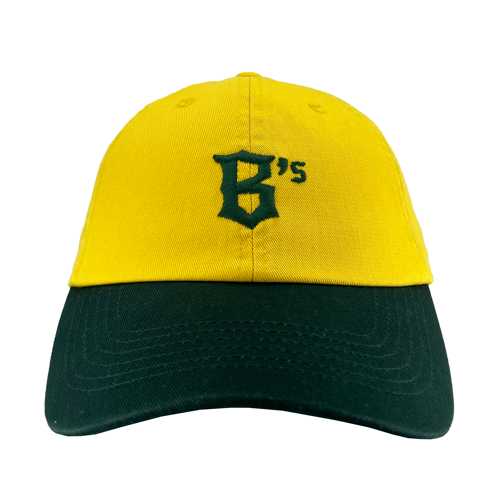 The Oakland Ballers Dad Hat features a yellow body with a green brim. The front showcases a stylized green letter "B" followed by a small "’s," stitched in the same green color, paying homage to the Oakland Ballers. With its classic curved design, six panels, and ventilation eyelets, this hat is perfect for any Pioneer League fan.