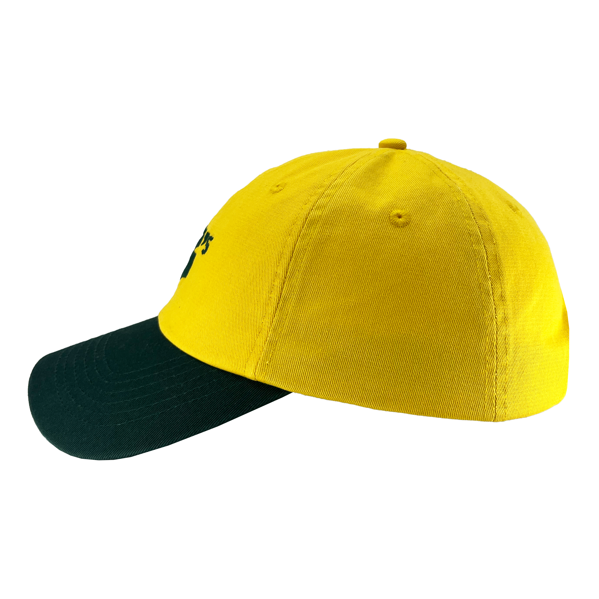 The Oakland Ballers Dad Hat is a yellow baseball cap with a dark green bill. The front of the cap features a small Oakland Ballers logo, although the details are not visible from this side view. There are ventilation holes on the crown of the cap, and the top button matches the yellow color. Perfect for any fan of professional baseball teams like the Oakland Ballers.