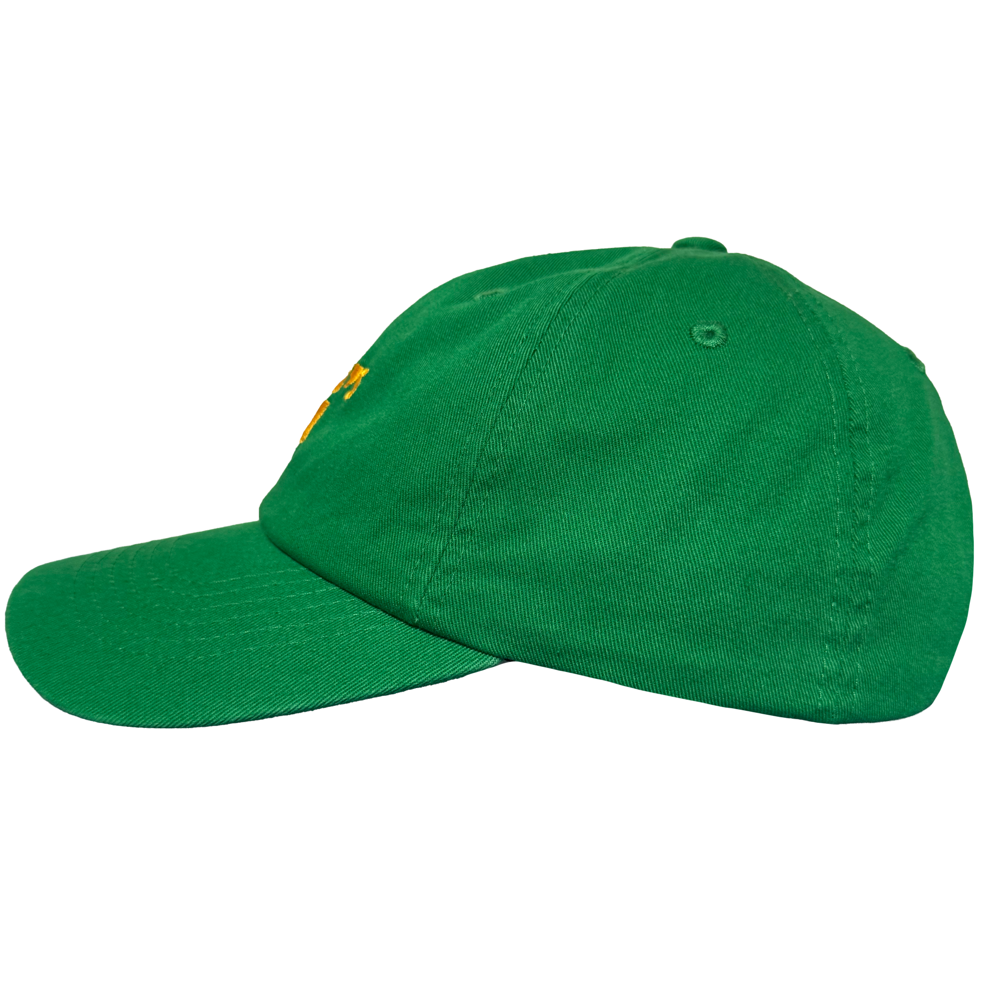 The Oakland Ballers Dad Hat features a green design with curved brim, structured panels, and visible stitching. An embroidered yellow accent nods to the Oakland Ballers, with a side eyelet for ventilation. Shown on a plain white background.