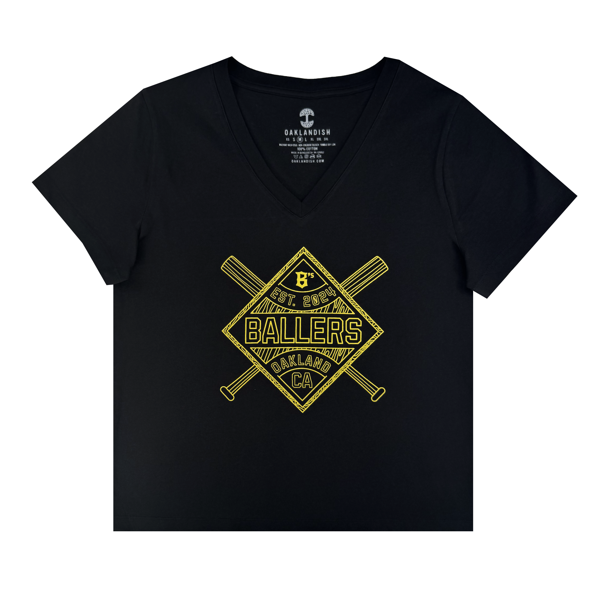 The Women's Classic Diamond V-Neck by Oakland Ballers is a black tee with a yellow-outlined diamond, crossed bats, "B" at the top, and bold "Est. 2007 Oakland Ballers Pro Baseball Team" text on the chest.