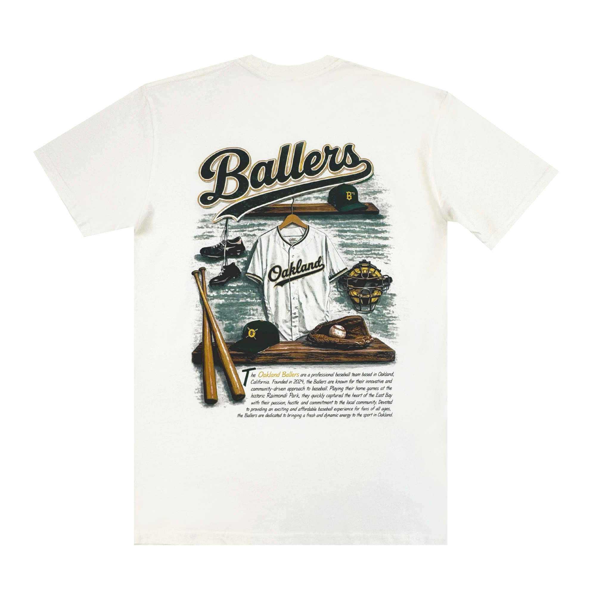 The Dugout Tee by Oakland Ballers is a white shirt with illustrated team gear—jersey, bats, gloves, cap, cleats, and diamond—plus bold “Ballers” script celebrating the spirit of the Oakland Ballers pro baseball team.