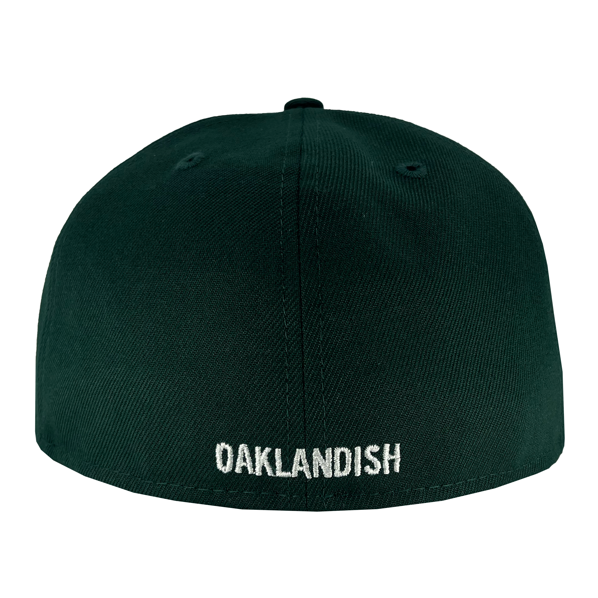 A dark green New Era Oakland Ballers Alt. Logo 59FIFTY Cap seen from the back, featuring the word "OAKLANDISH" embroidered in white thread at the bottom. The cap has small ventilation holes on the top and sides, perfect for fans of the Oakland Ballers and their innovative Pioneer League play.