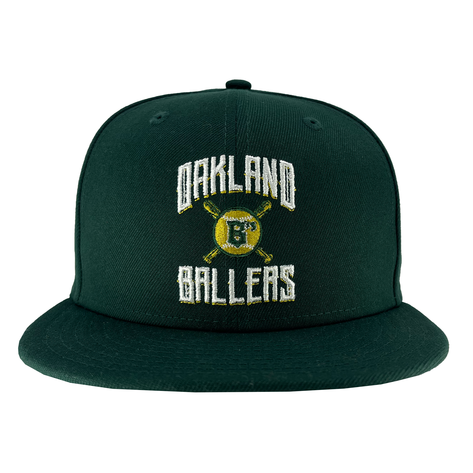 The New Era Oakland Ballers Alt. Logo 59FIFTY Cap showcases a dark green design, featuring "OAKLAND BALLERS" embroidered in white. It highlights a unique yellow and black logo of a baseball within a bat-shaped design neatly situated between the words. This flat brim cap from the Oakland Ballers brand celebrates the spirit of the Pioneer League.