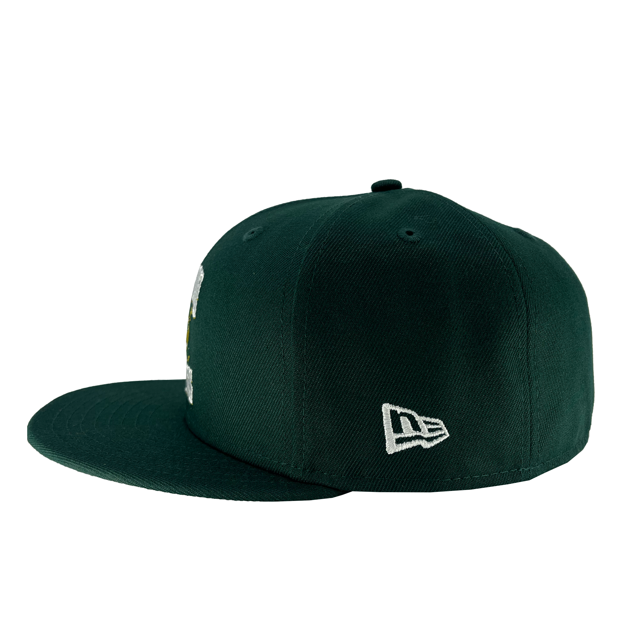 Side view of a dark green New Era Oakland Ballers Alt. Logo 59FIFTY Cap with a flat brim. The cap features a white embroidered New Era logo on the left side near the back. The front and top of the cap are not visible from this angle. No other designs or logos, such as those from Pioneer League or additional Oakland Ballers branding, are present.