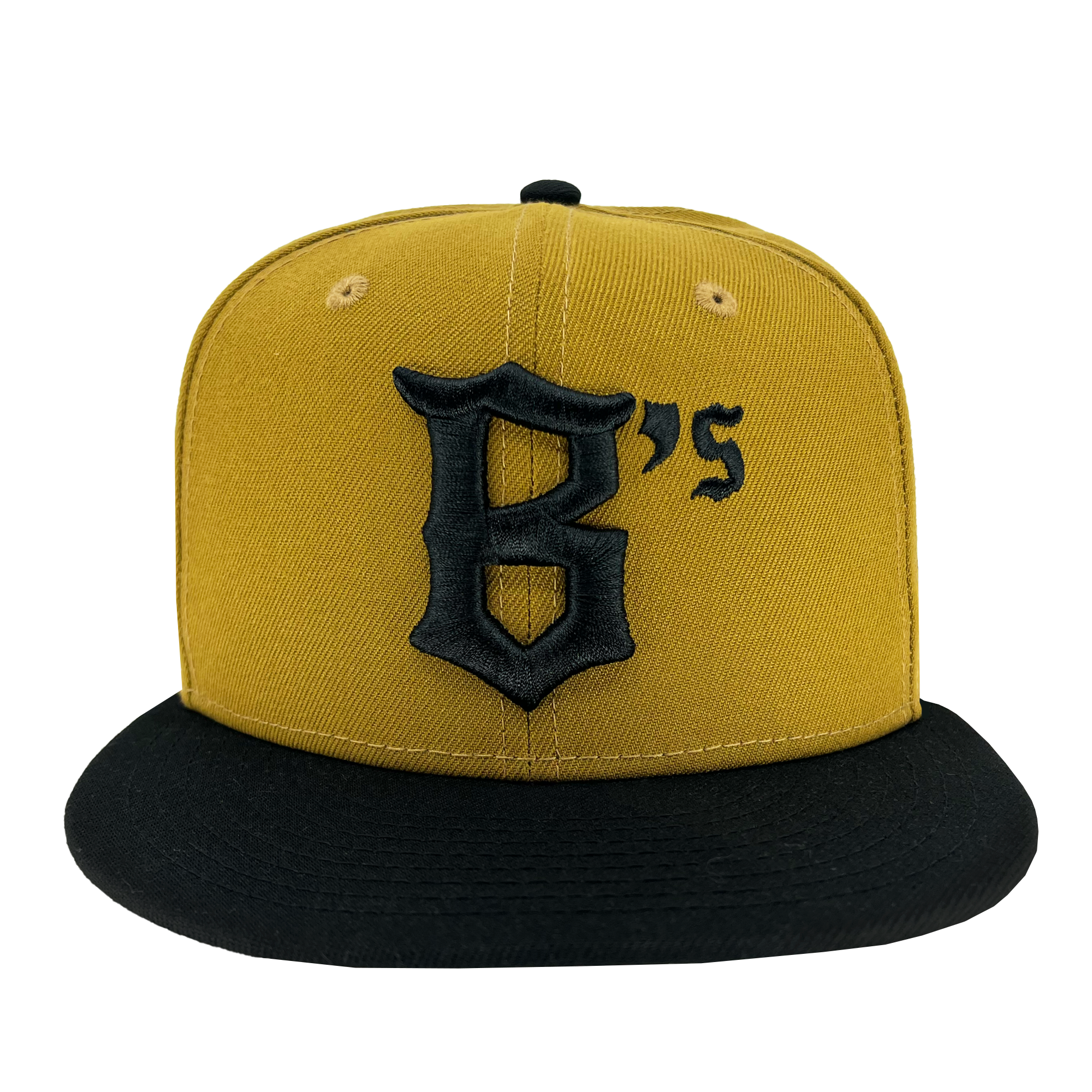 The New Era Oakland Ballers 59FIFTY Cap by Oakland Ballers features a mustard yellow design with a flat black brim. The front showcases an ornate black letter "B" followed by a small "’s" in the same font, reminiscent of the Oaklandish style. The cap includes visible stitching along the panels and seams for added detail.