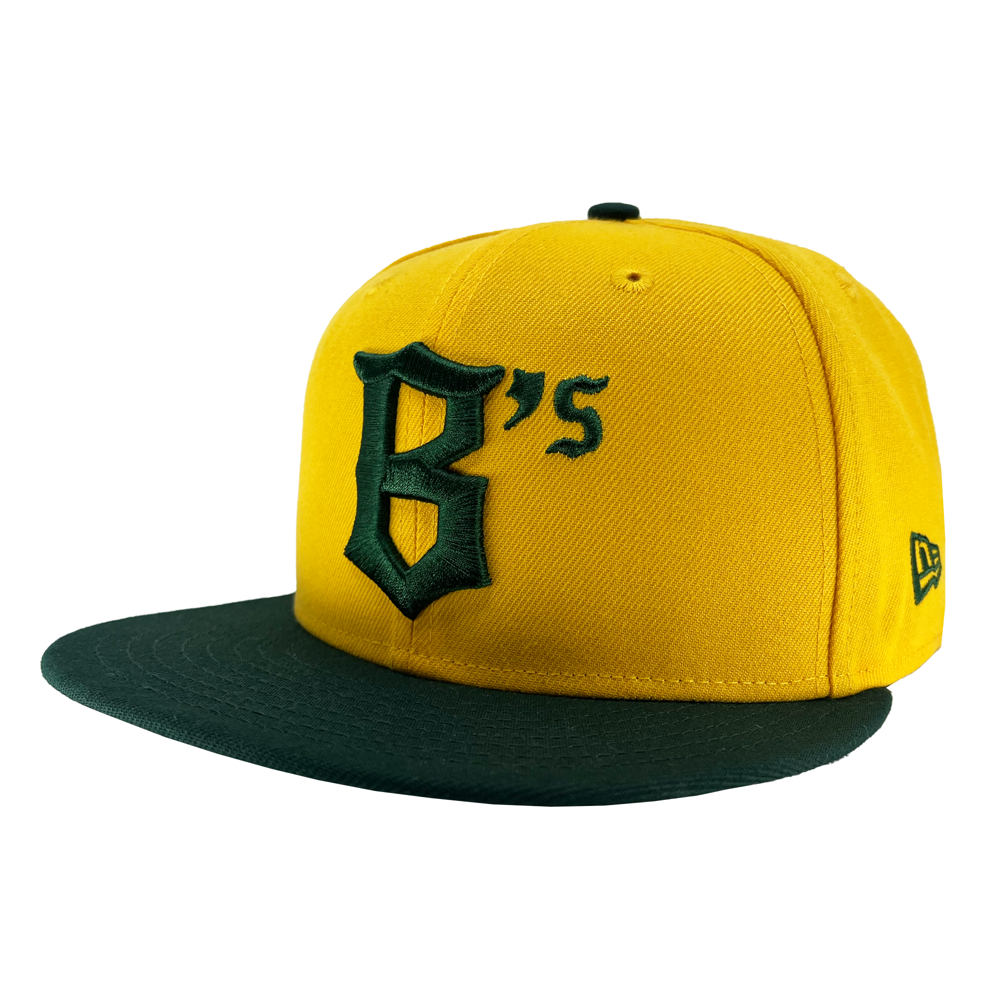 The New Era Oakland Ballers 59FIFTY Cap by Oakland Ballers captures the essence of Oaklandish style with its bright yellow color and contrasting dark green bill. Featuring a large embroidered "B's" logo in green on the front and a small New Era logo in green on the left side, this hat is simple yet bold, making it stand out effortlessly.