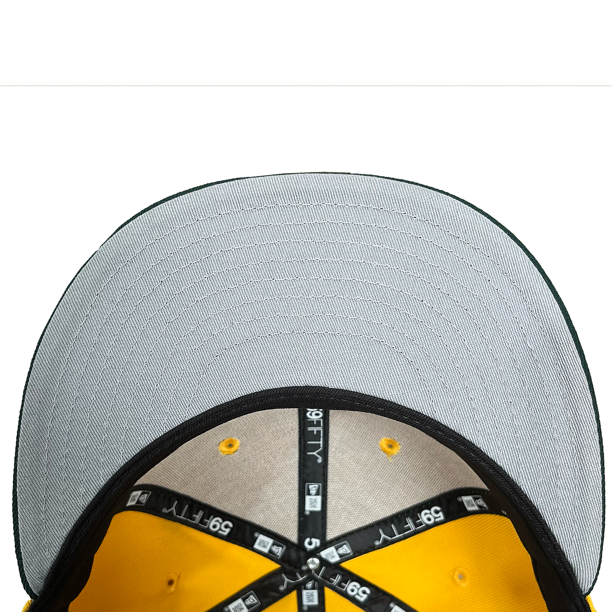 Top-down view of the New Era Oakland Ballers 59FIFTY Cap in yellow and black, with a gray underside. The image showcases the interior structure, including black lining with "59FIFTY" and size labels in white. This cap, popular among Oakland Ballers fans, features yellow panels and a beige fabric top.