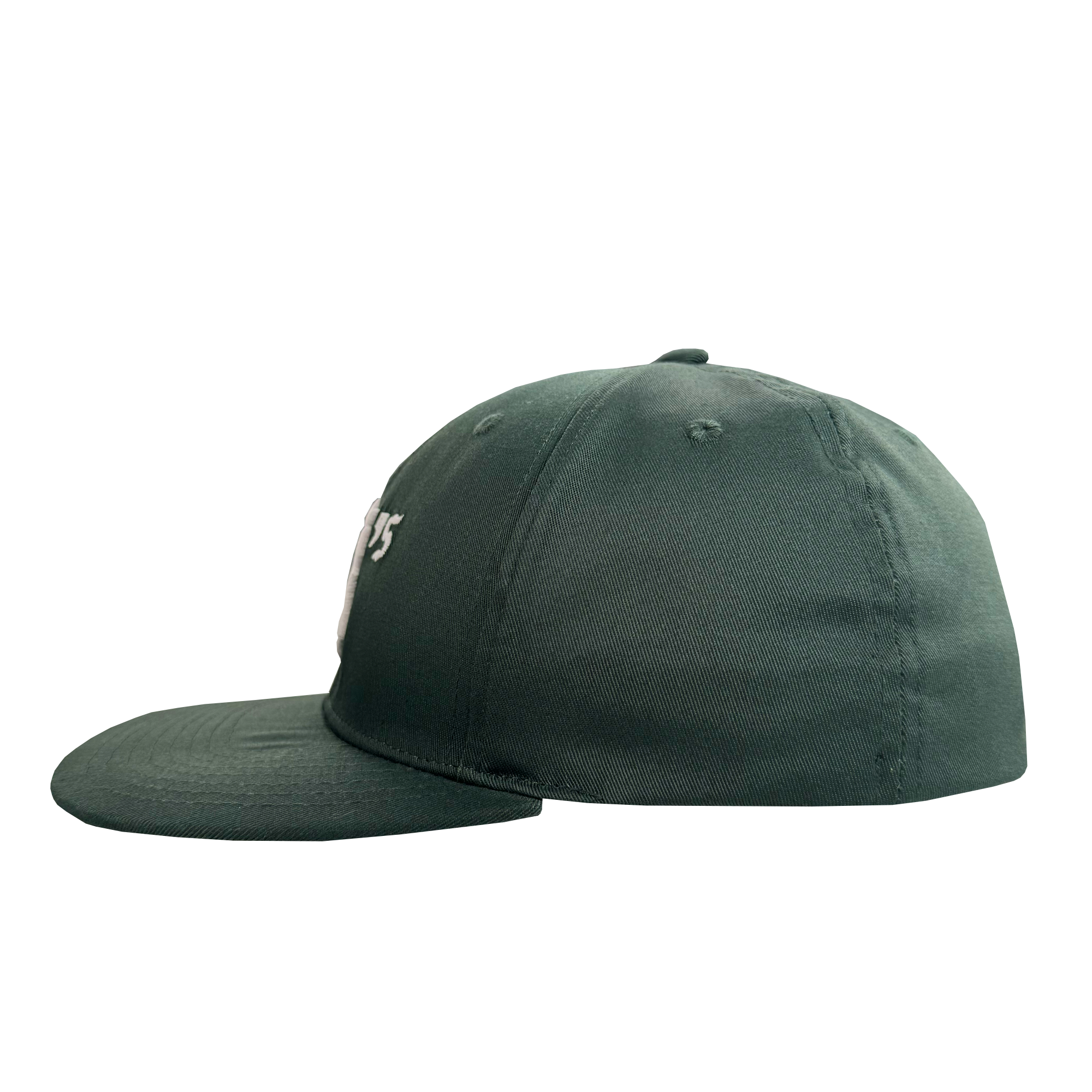 The Oakland Ballers Flexfit Cap by Oakland Ballers is a dark green baseball cap with a flat brim, visible stitching, and top button. Shown in profile, it features part of the team's white embroidered logo on the front left panel.