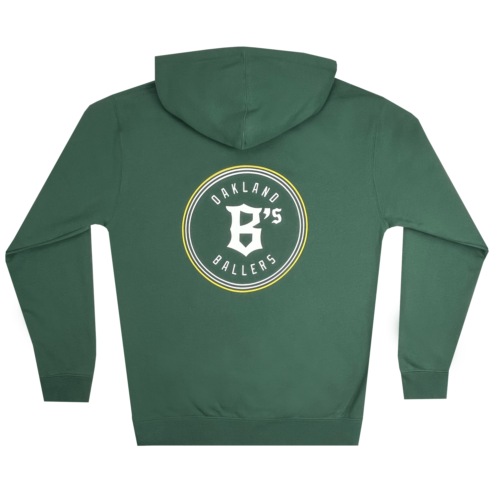 The Oakland Ballers Logo Heavyweight Hoodie is displayed with the back facing the viewer. A circular logo in the center reads "OAKLAND BALLERS" celebrating Oakland's New Pro Baseball Team and surrounds a stylized letter "B's." The hood is down, and the garment appears to be made of a soft, comfortable fabric.