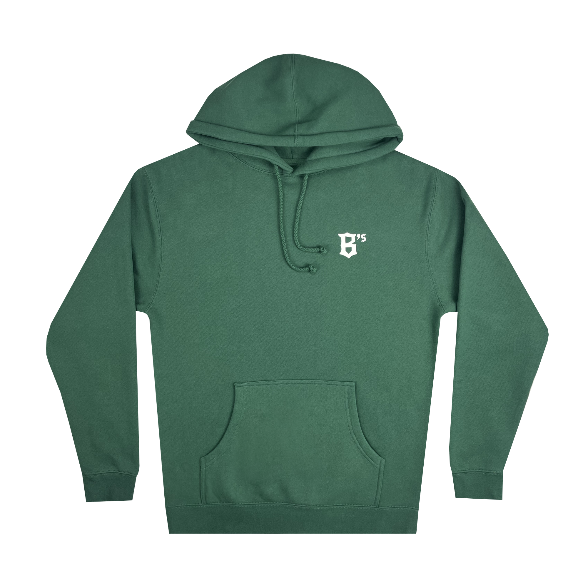 The Oakland Ballers Logo Heavyweight Hoodie is a green, long-sleeved sweatshirt complete with a drawstring hood and a front kangaroo pocket. It features a small white "B's" logo in an artistic font on the left chest area, celebrating Oakland Ballers, Oakland's new pro baseball team in the Pioneer League. The hoodie is displayed against a white background.