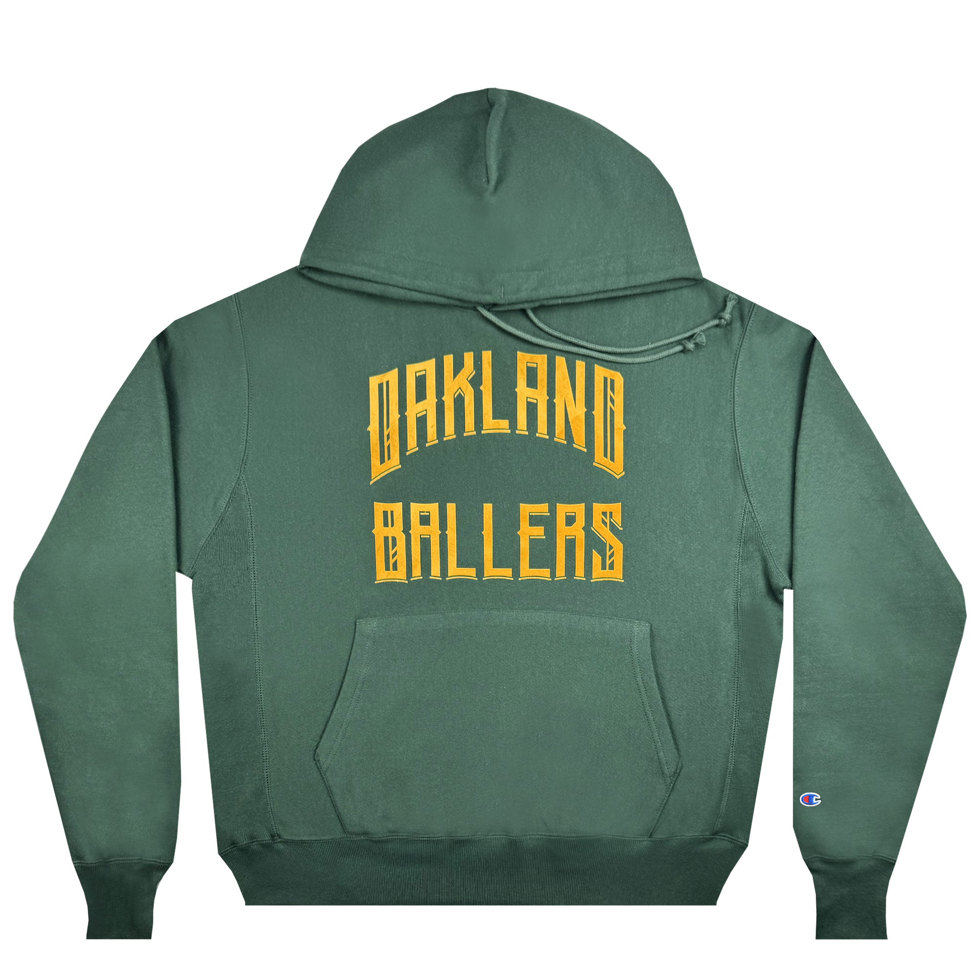 The Champion X Oakland Ballers Wordmark Hoodie showcases "OAKLAND BALLERS" in yellow block letters across the chest, representing the Oakland baseball team. It features a small Champion logo on the left sleeve cuff and drawstrings for a classic hooded look.