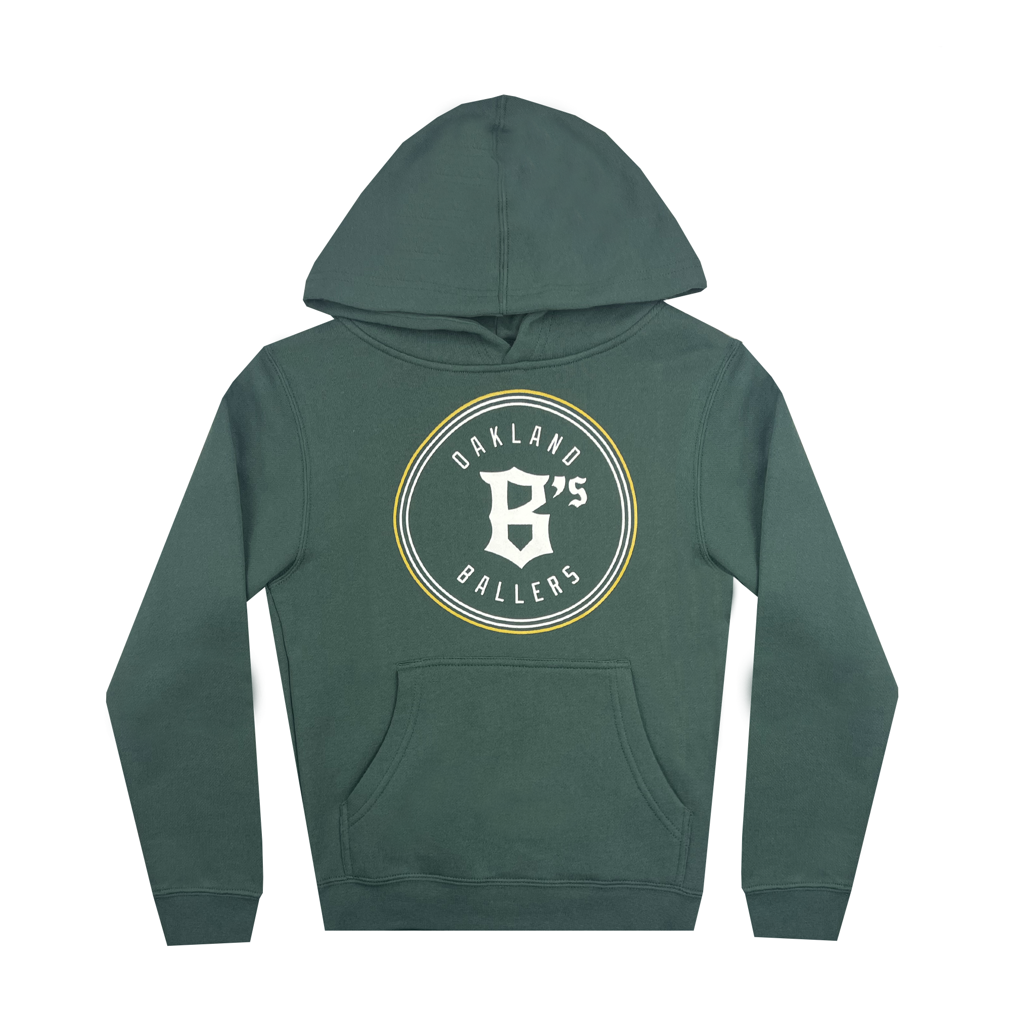 Presenting the Youth Oakland Ballers Logo Hoodie—a dark green hoodie featuring a front pocket and a drawstring hood. The graphic on the front showcases a stylized “B” in white, encircled by the text “Oakland Ballers” and “95,” with all letters and numbers in white and the circle outline in light yellow—perfect for showcasing your love for this professional baseball team.