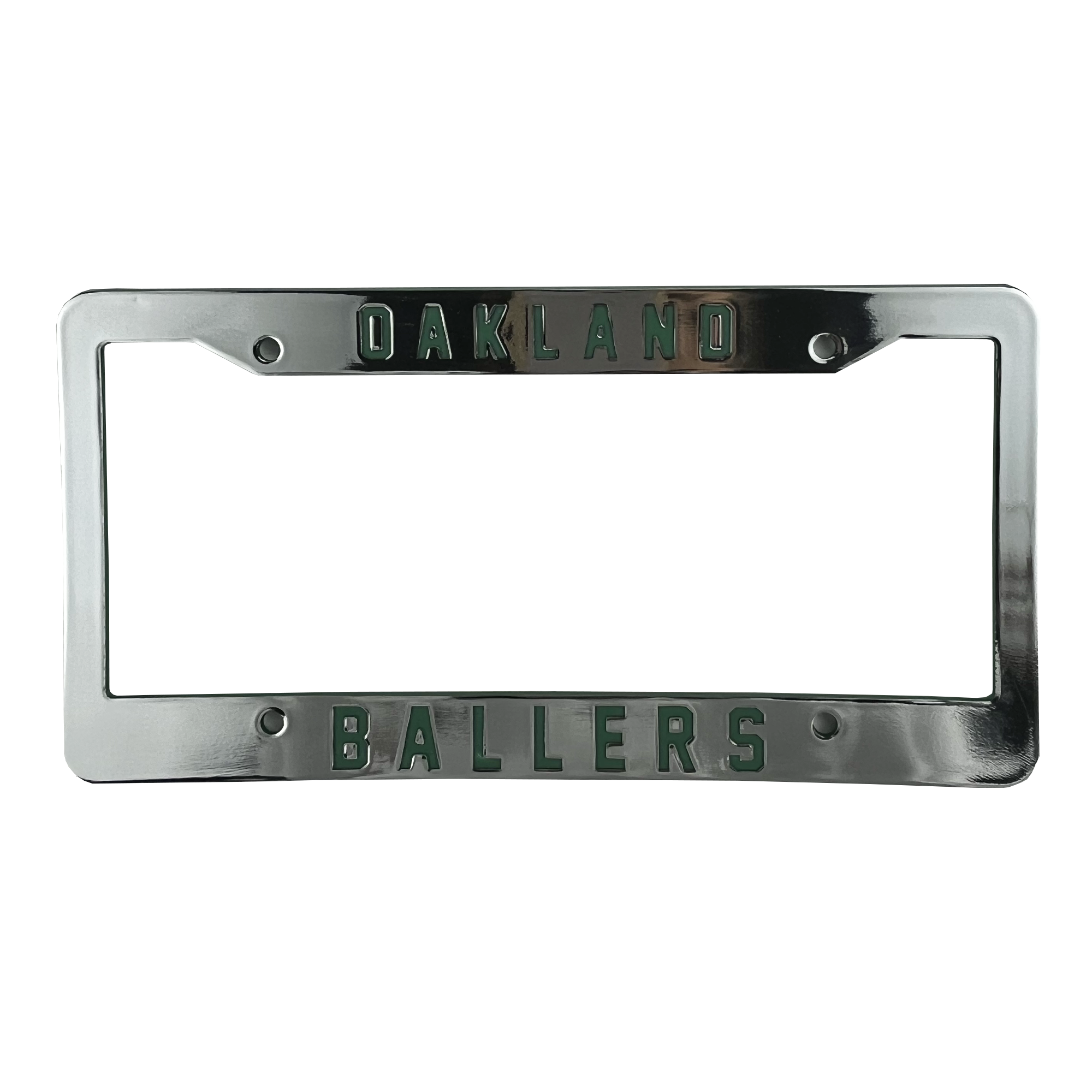 The Oakland Ballers License Plate Frame by Oakland Ballers features the phrase "OAKLAND BALLERS" stamped in green on both the top and bottom, showcasing your East Bay pride. This chrome frame has a shiny metallic finish and is designed to fit a standard rectangular license plate, complete with four screw holes for easy mounting.