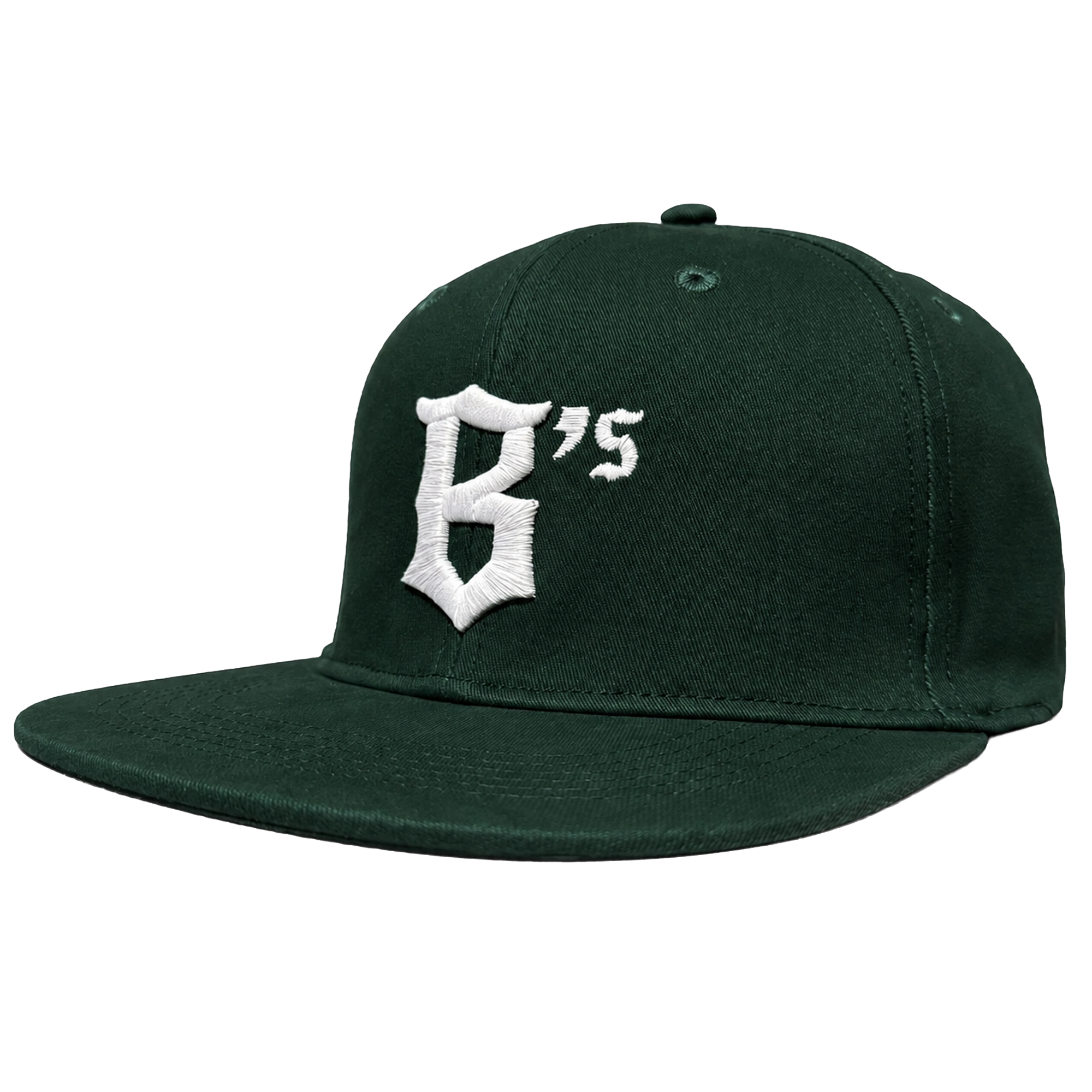 The Oakland Ballers Logo Hat by Oakland Ballers is a dark green snapback with a flat brim, featuring a white embroidered "B’s" logo on the front, inspired by the Pioneer League baseball team. Eyelets on top provide ventilation.