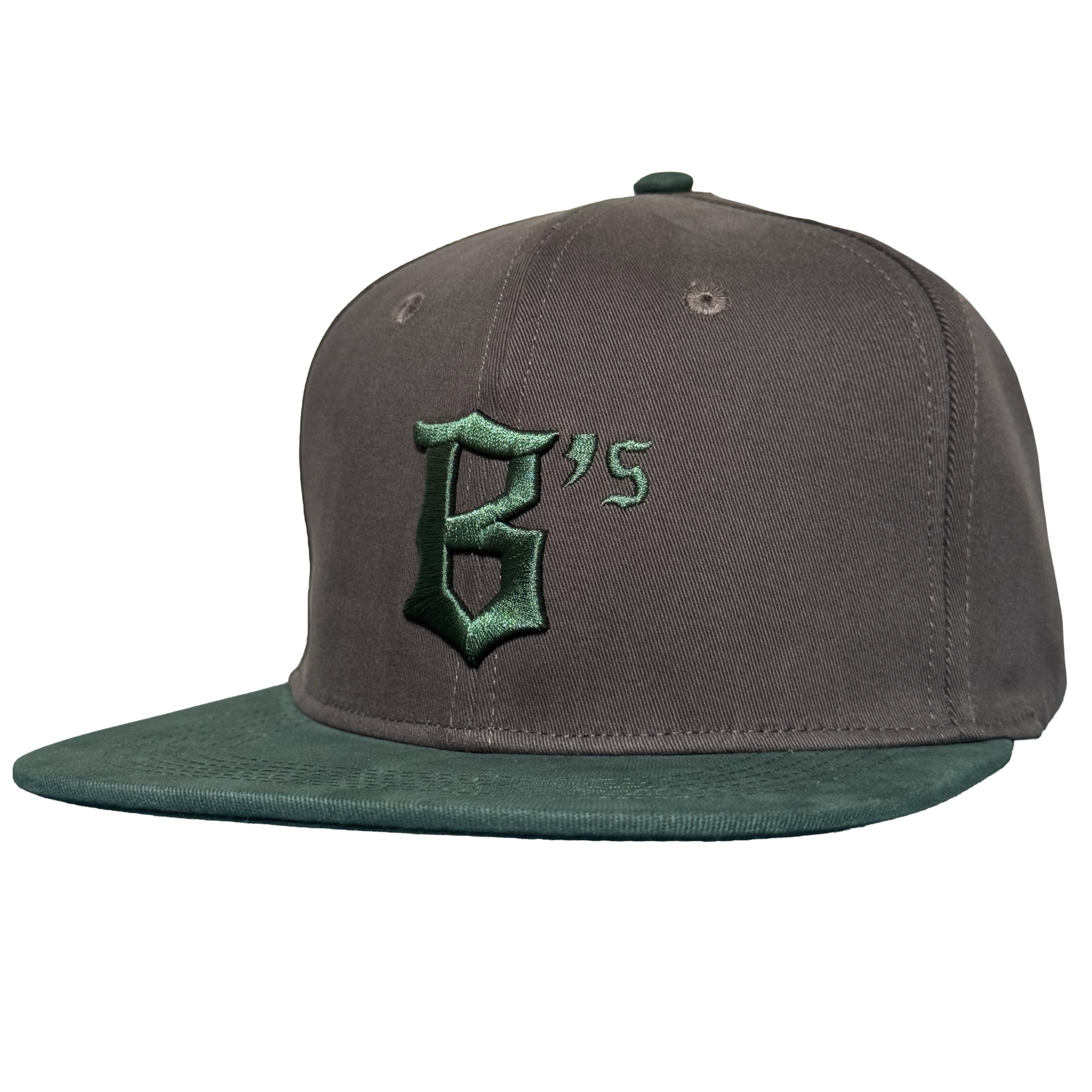 The Oakland Ballers Logo Hat, by Oakland Ballers, is a gray and green snapback with a flat green brim and features a large dark green Gothic "B's" logo embroidered on the front to honor the Pioneer League team. Background: plain white.