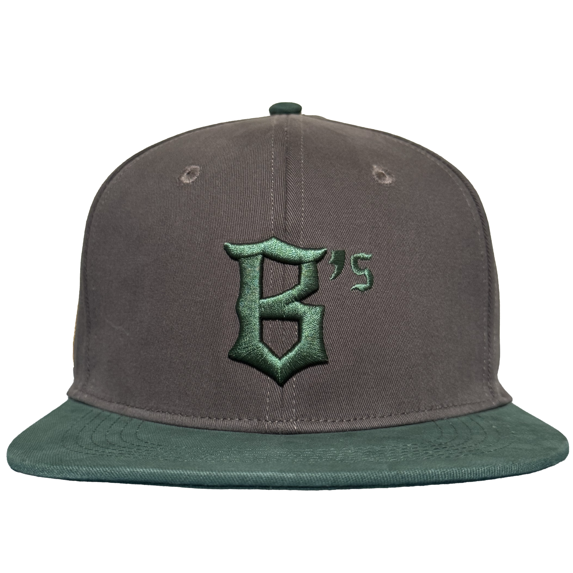 The Oakland Ballers Logo Hat by Oakland Ballers features a gray cap with a green brim and green "B’s" gothic embroidery on the front, ideal for Pioneer League fans. Shown front-facing on a plain white background.