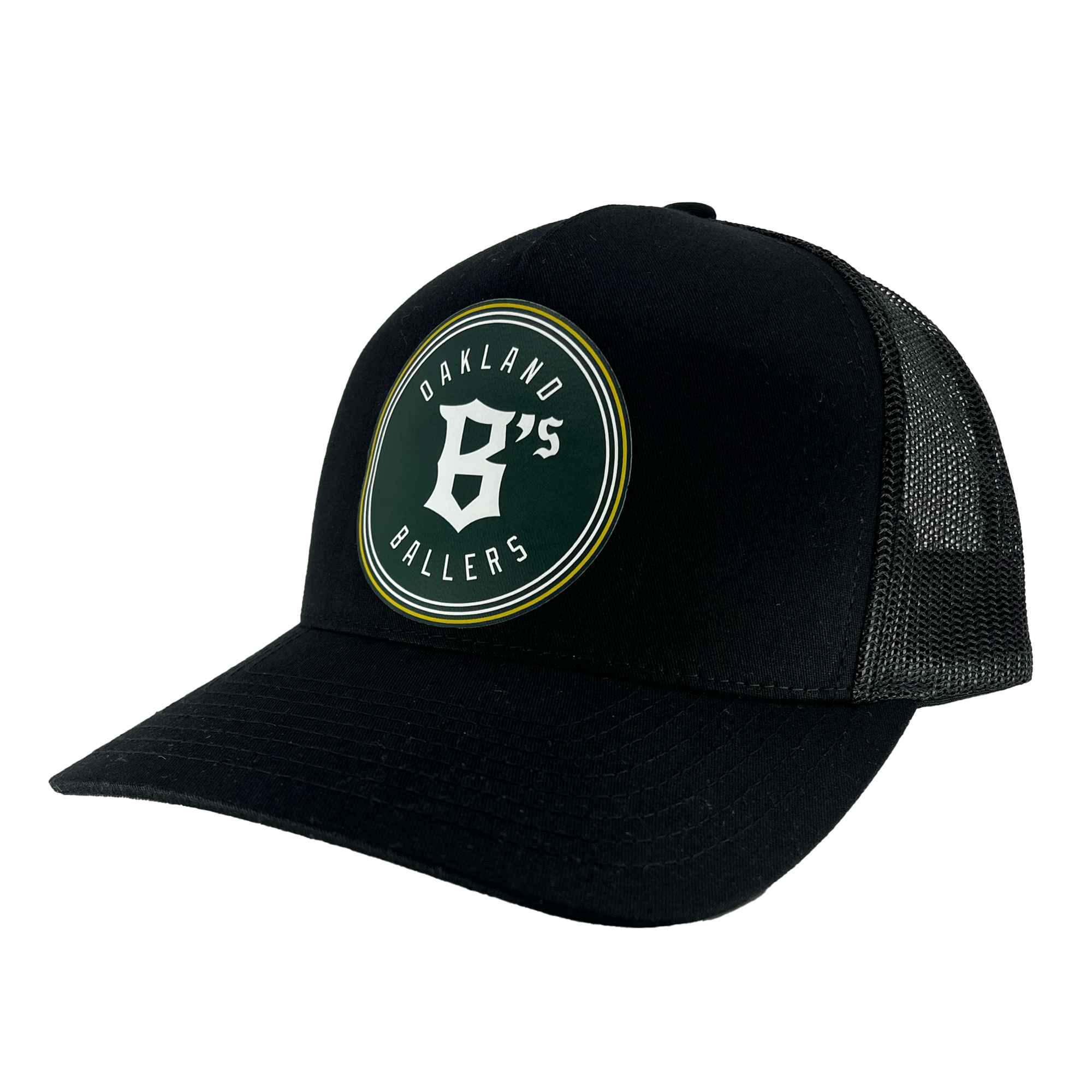 The Oakland Ballers Classic Curved Visor Trucker from Oakland Ballers is a black mesh-back baseball cap with a solid front panel. It features a circular logo with a green background and yellow border, displaying the text "6's" in large white numbers and "Oakland Ballers" in white, celebrating the Oakland baseball team.