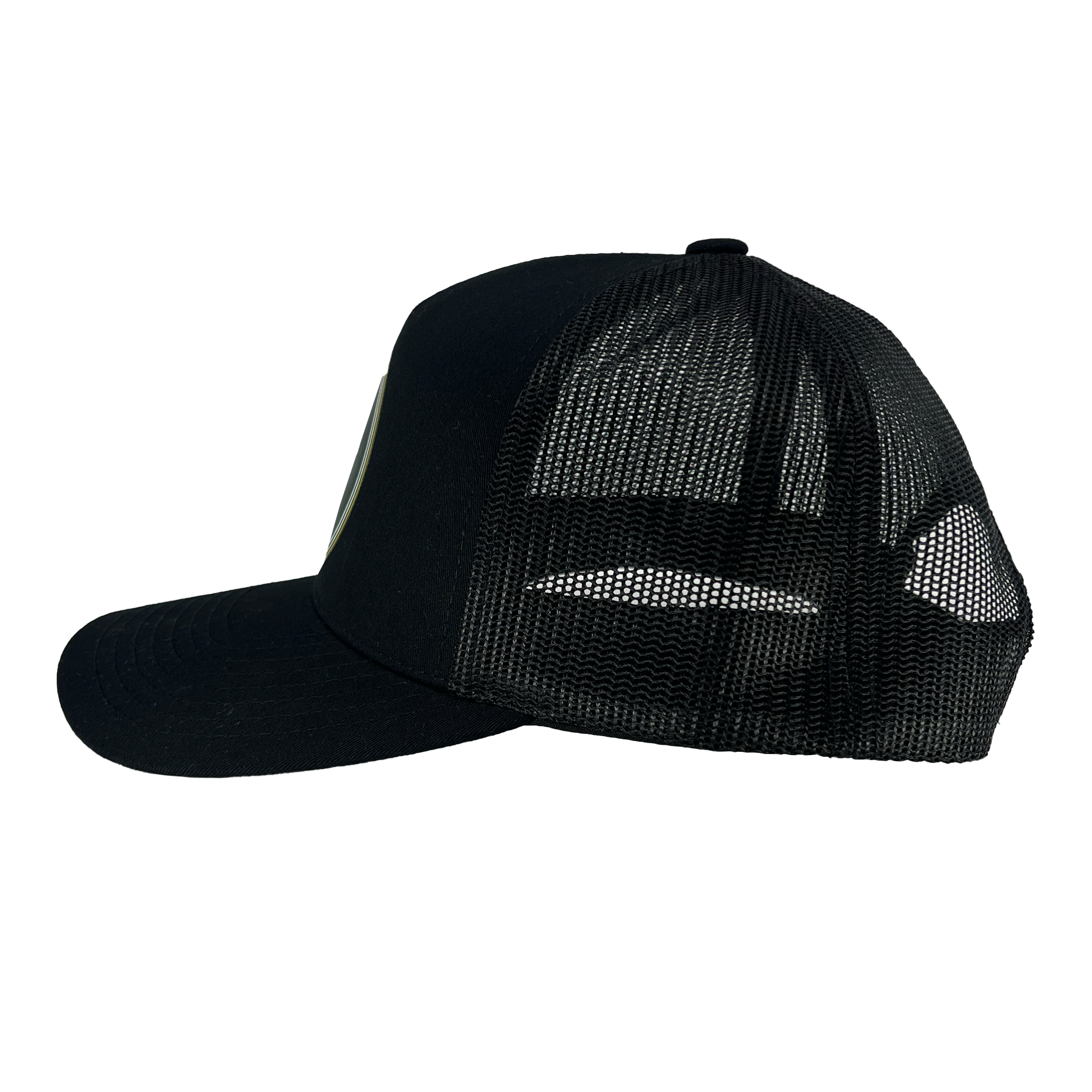 An Oakland Ballers Classic Curved Visor Trucker cap, viewed from the side. This black cap features a solid front panel with a curved, structured brim. The back panels are made of breathable mesh material, allowing for ventilation. Its sleek and classic look makes it perfect for Oakland Ballers fans.