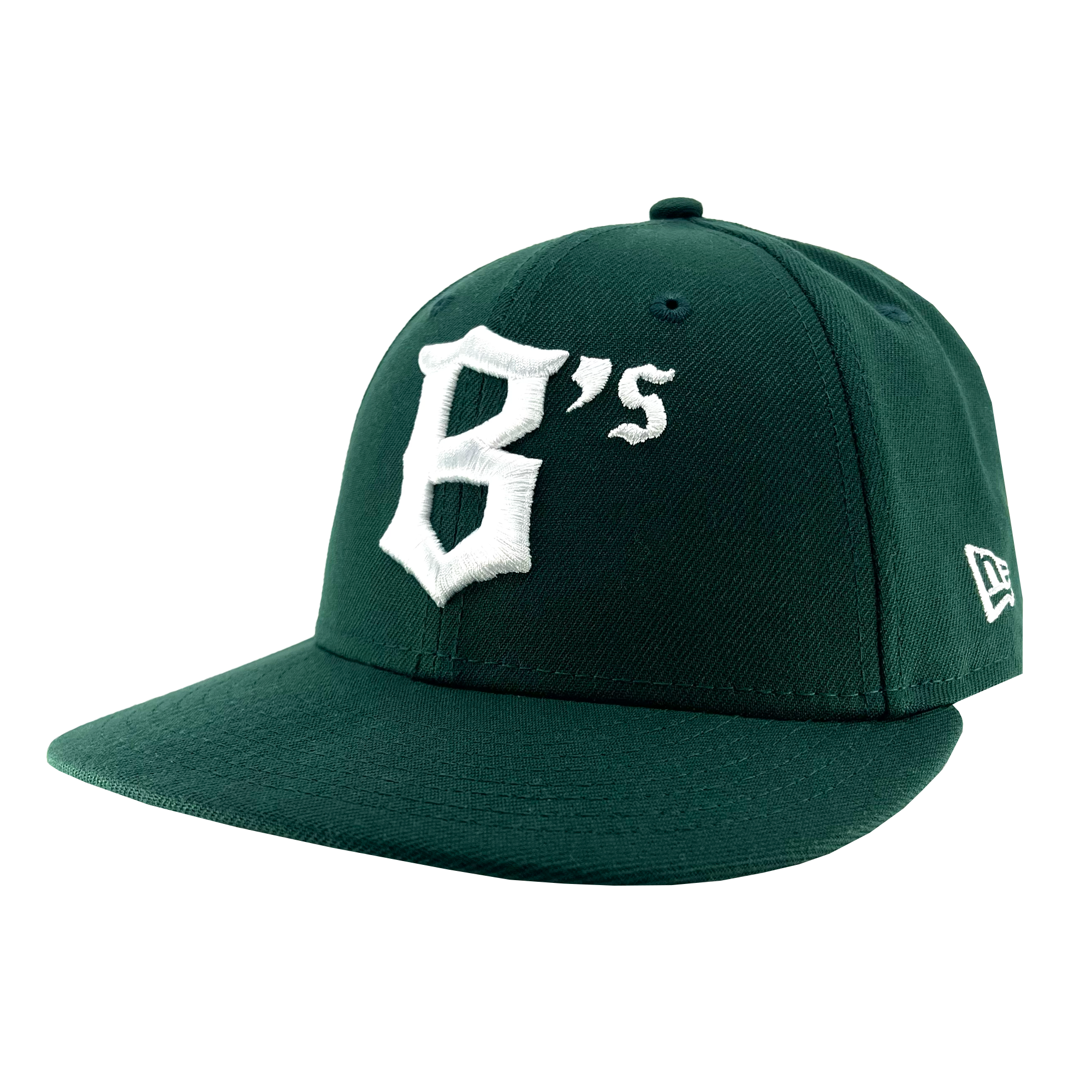 The New Era Oakland Ballers Low Profile 59FIFTY Cap features a dark green design with a flat brim and a stylized white "B's" logo embroidered on the front, representing the Oakland Ballers professional baseball team. It also includes a small white New Era logo on the side. The cap offers a simple and clean aesthetic, free from additional embellishments.