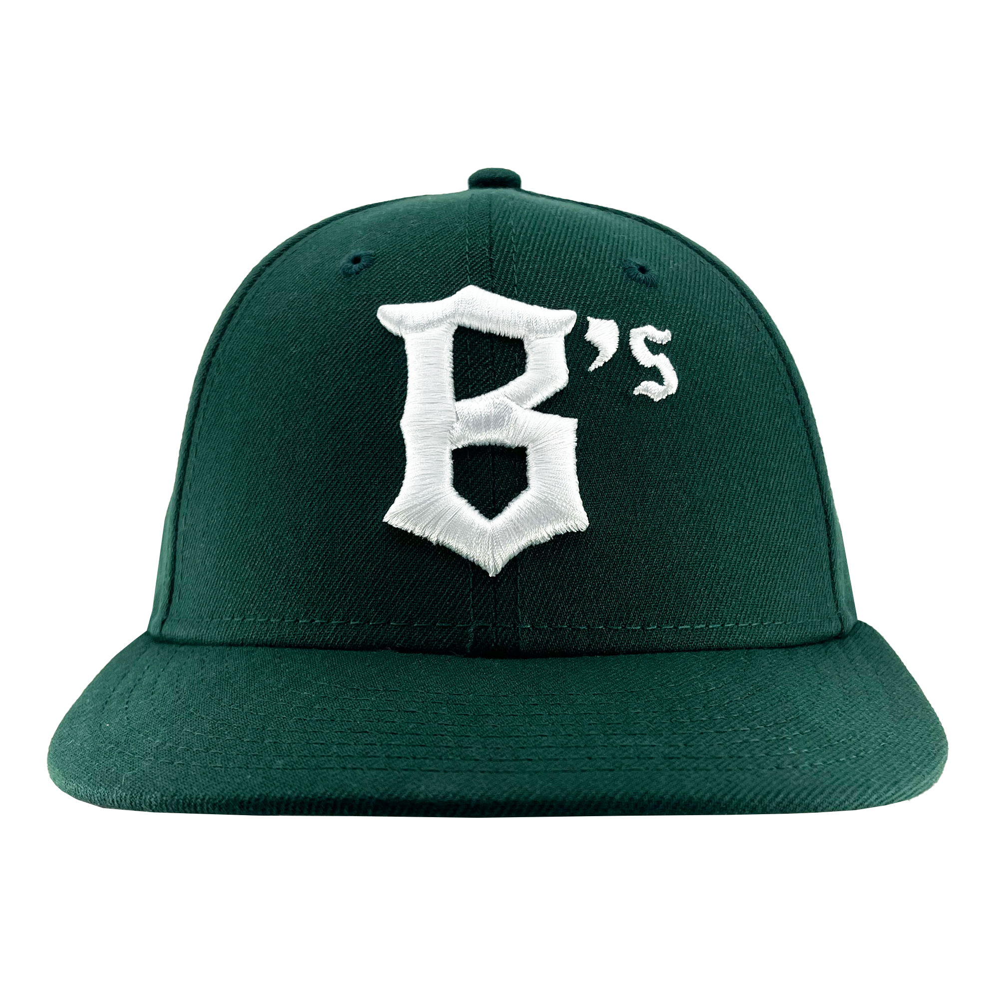 The New Era Oakland Ballers Low Profile 59FIFTY Cap, supporting the Oakland Ballers professional baseball team in the Pioneer League, showcases a classic structured shape with a flat brim. This dark green cap features a large, white embroidered "B's" logo on the front panel and visor, which are both made from green fabric that contrasts beautifully with the white embroidery.