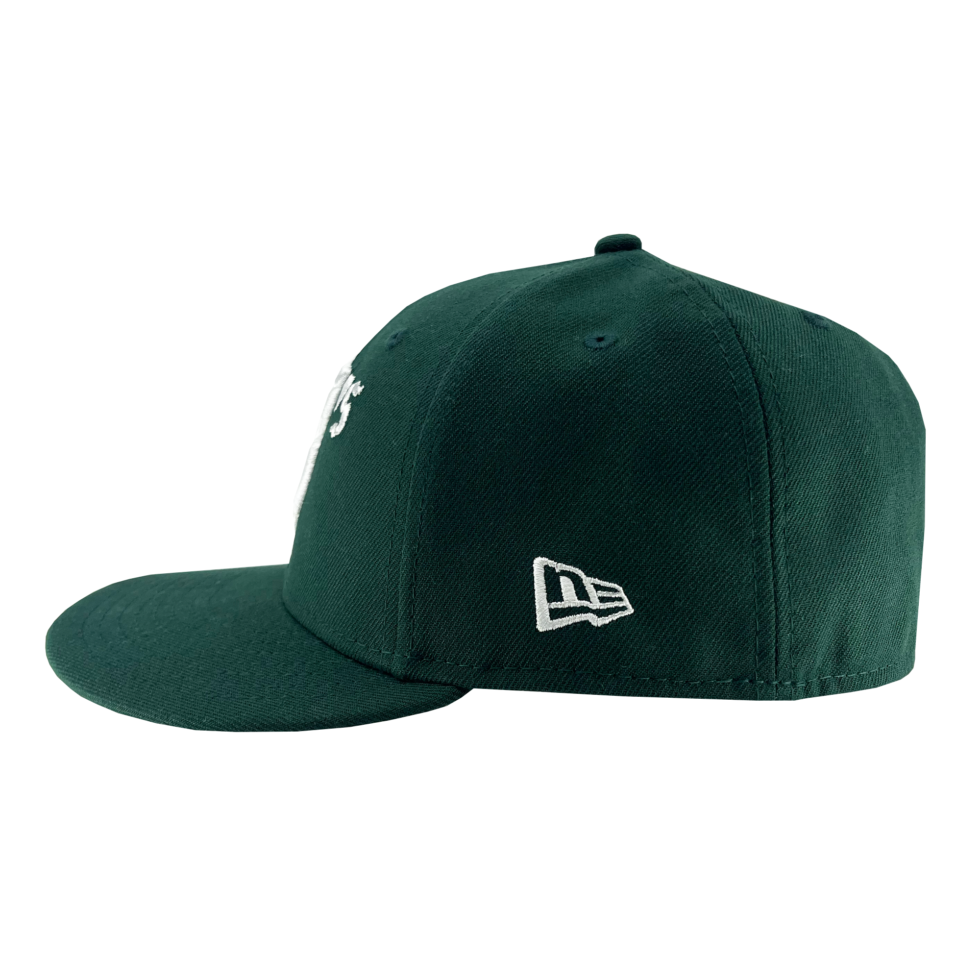 The New Era Oakland Ballers Low Profile 59FIFTY Cap is displayed in dark green, with a side view showing the white embroidered "New Era" logo near the back. This cap, representing the Oakland Ballers from the Pioneer League, features a flat brim and is plain without any additional decoration visible on this side.