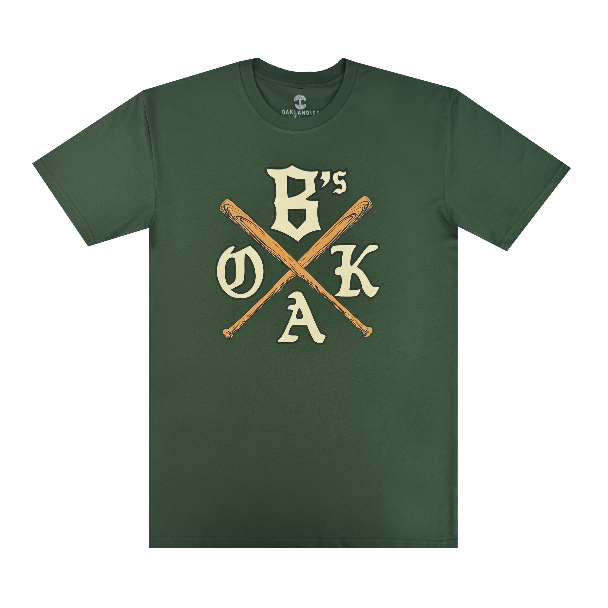 The OAK Bat Tee by Oakland Ballers is a dark green, classic fit crew neck featuring two crossed bats and cream/yellow “OAK” lettering with “8’s” above—celebrating the team and pro baseball spirit.