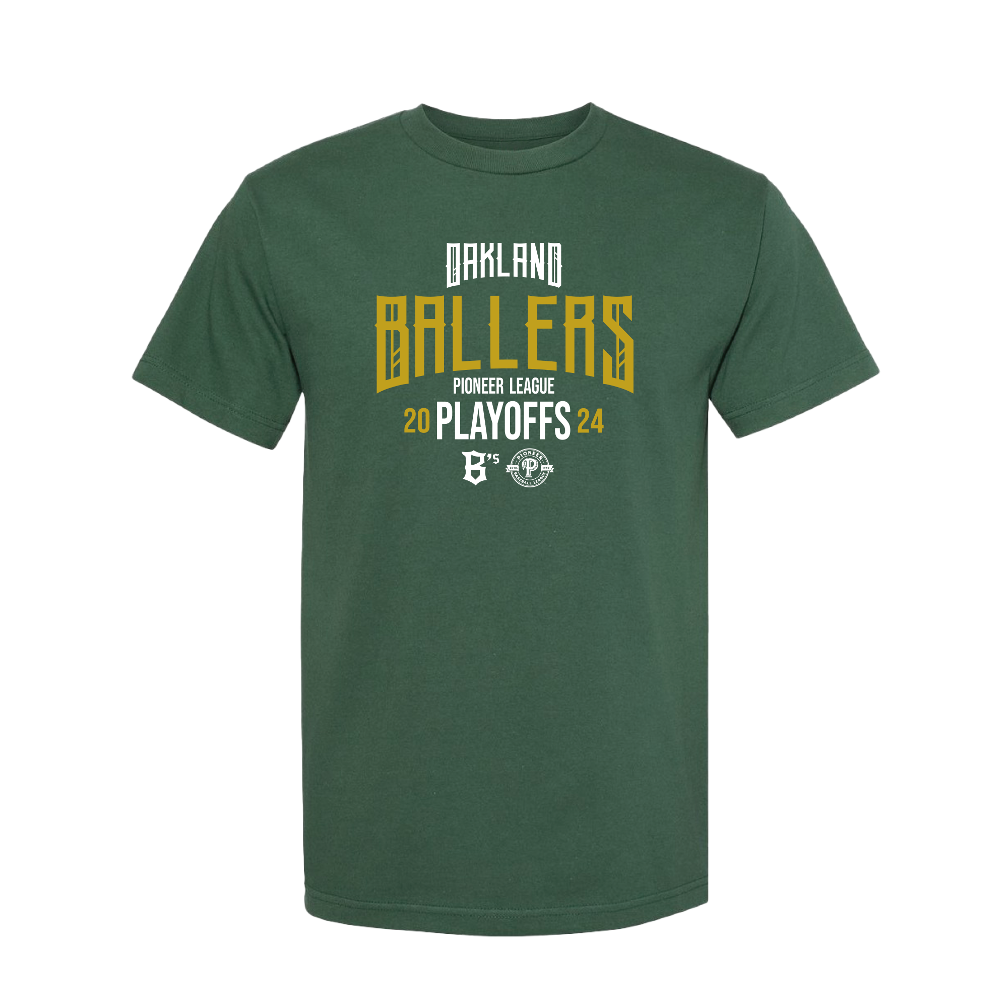 The Oakland Ballers 2024 Playoffs Tee is a green T-shirt featuring "Oakland Ballers" in large, stylized yellow font. Beneath it, the text "Pioneer League 2024 Playoffs" is displayed in white. Both the Pioneer League logo and a secondary logo of the Oakland baseball team are positioned near the bottom.