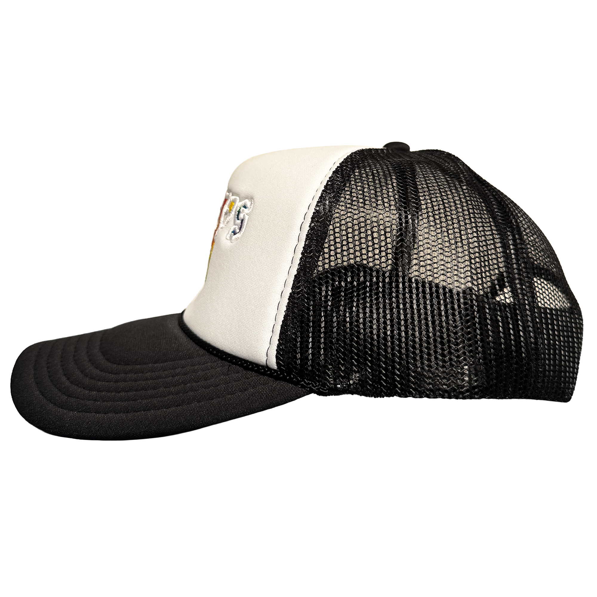 A side view of the Oakland Ballers Pride Trucker by Oakland Ballers shows a black curved brim, white front panel, black mesh back, and colorful embroidered text on a plain white background.