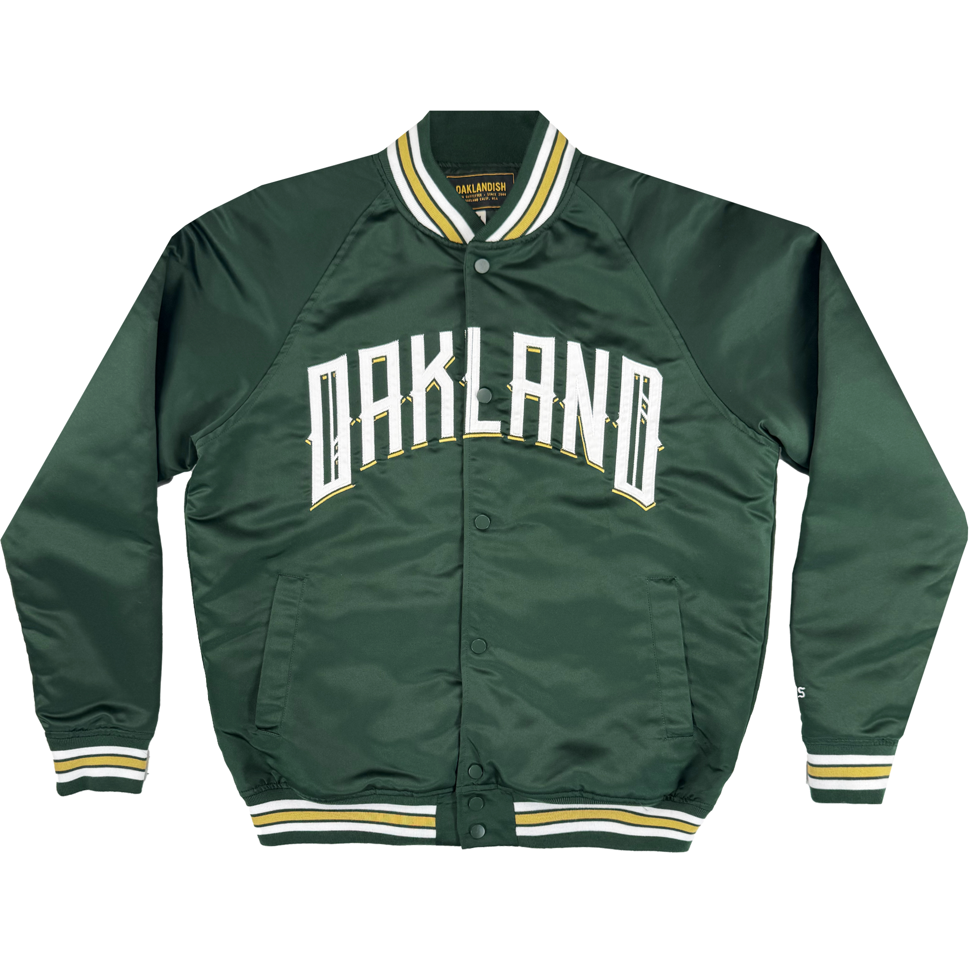 The Oakland Ballers Satin Jacket by Oakland Ballers features “OAKLAND” in bold white across the chest, green/yellow/white striped collar, cuffs, hem, snap buttons, and two side pockets. Inspired by the Oakland baseball team.