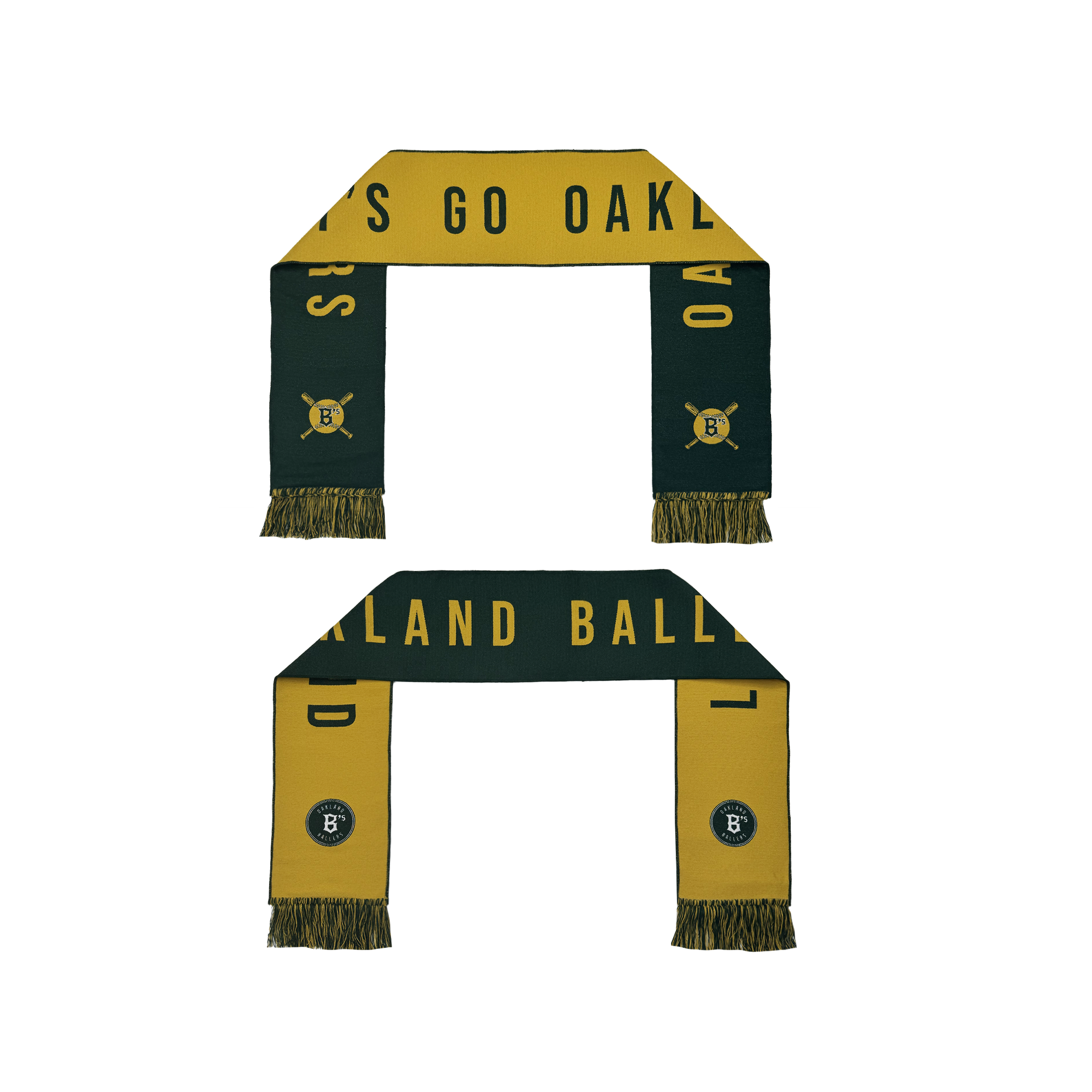 The Oakland Ballers Scarf by Oakland Ballers features green and yellow sides reading "LET'S GO OAKLAND" and "OAKLAND BALLERS," plus a round logo with a "B" and two bats, honoring Oakland's new Pioneer League baseball team.