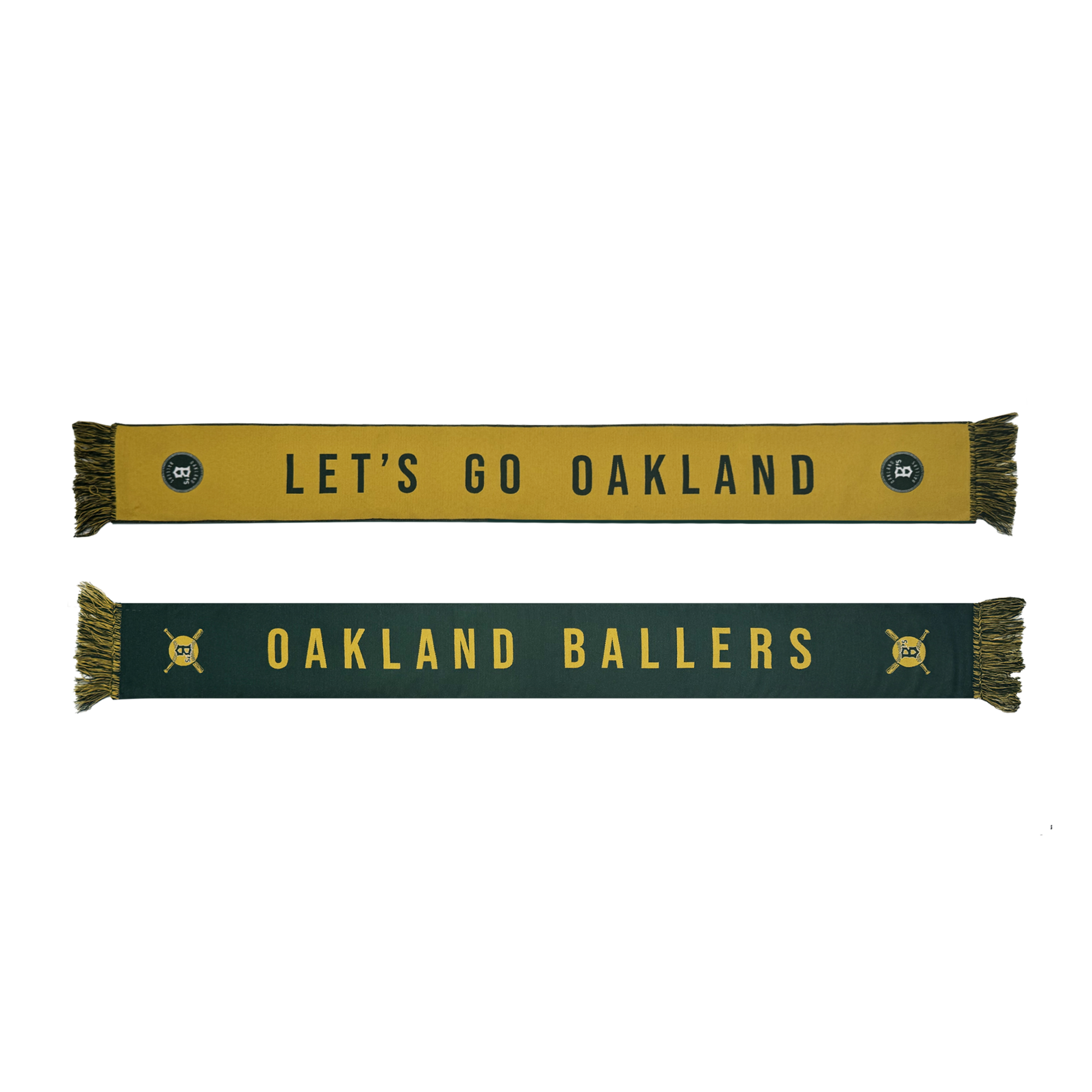 The Oakland Ballers Scarf, by Oakland Ballers, features two woven designs: one gold with "LET'S GO OAKLAND" in black; the other green with "OAKLAND BALLERS" and crossed bats at each end. Both have fringe ends, perfect for fans.