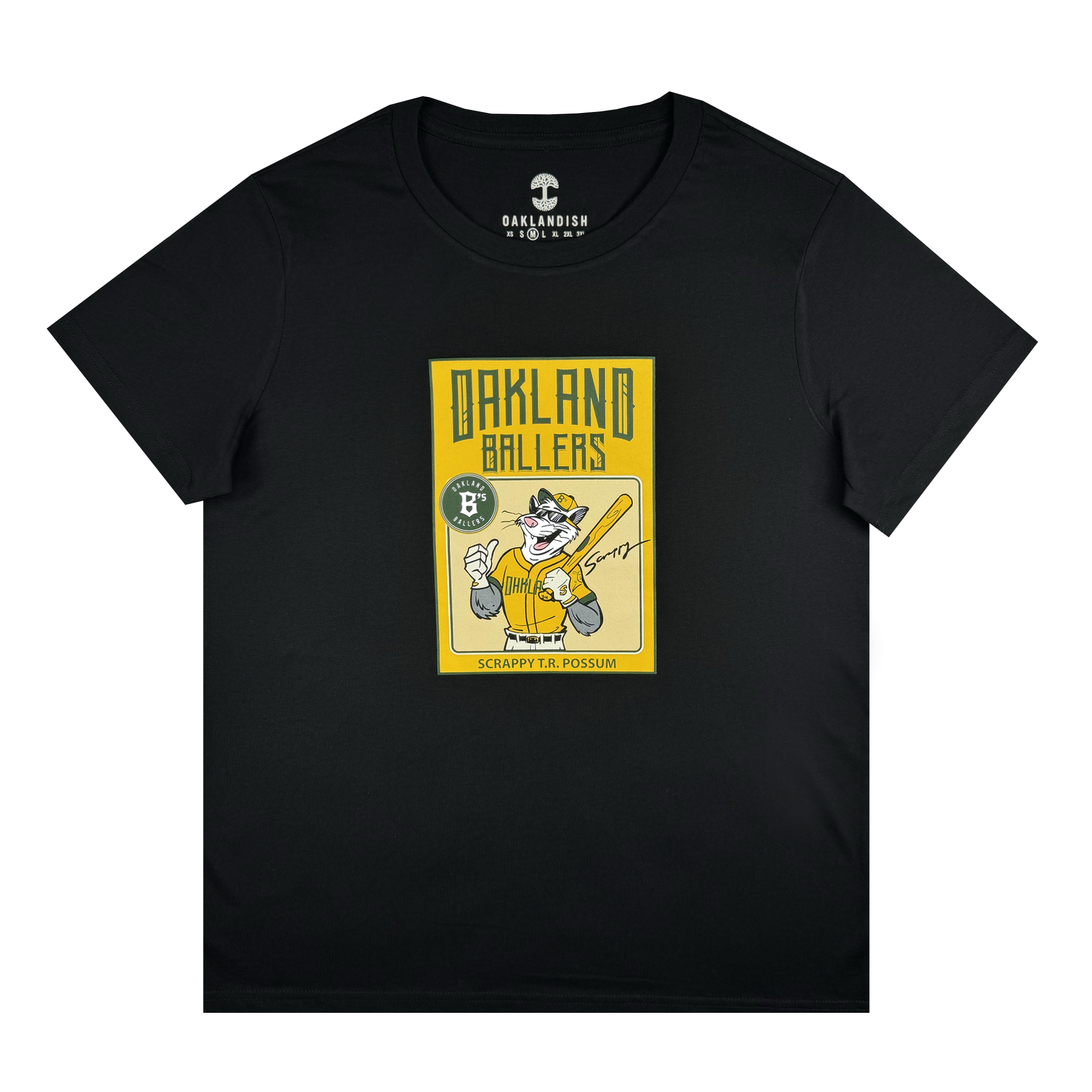 A black Women's Scrappy Rookie Card Tee from Oakland Ballers features a cartoon possum with a baseball bat. The design is accompanied by the text "OAKLAND BALLERS" above and "SCRAPPY T. POSSUM" below, accented in yellow with a baseball emblem on the left, reflecting artwork inspired by Ken Mitchroney.