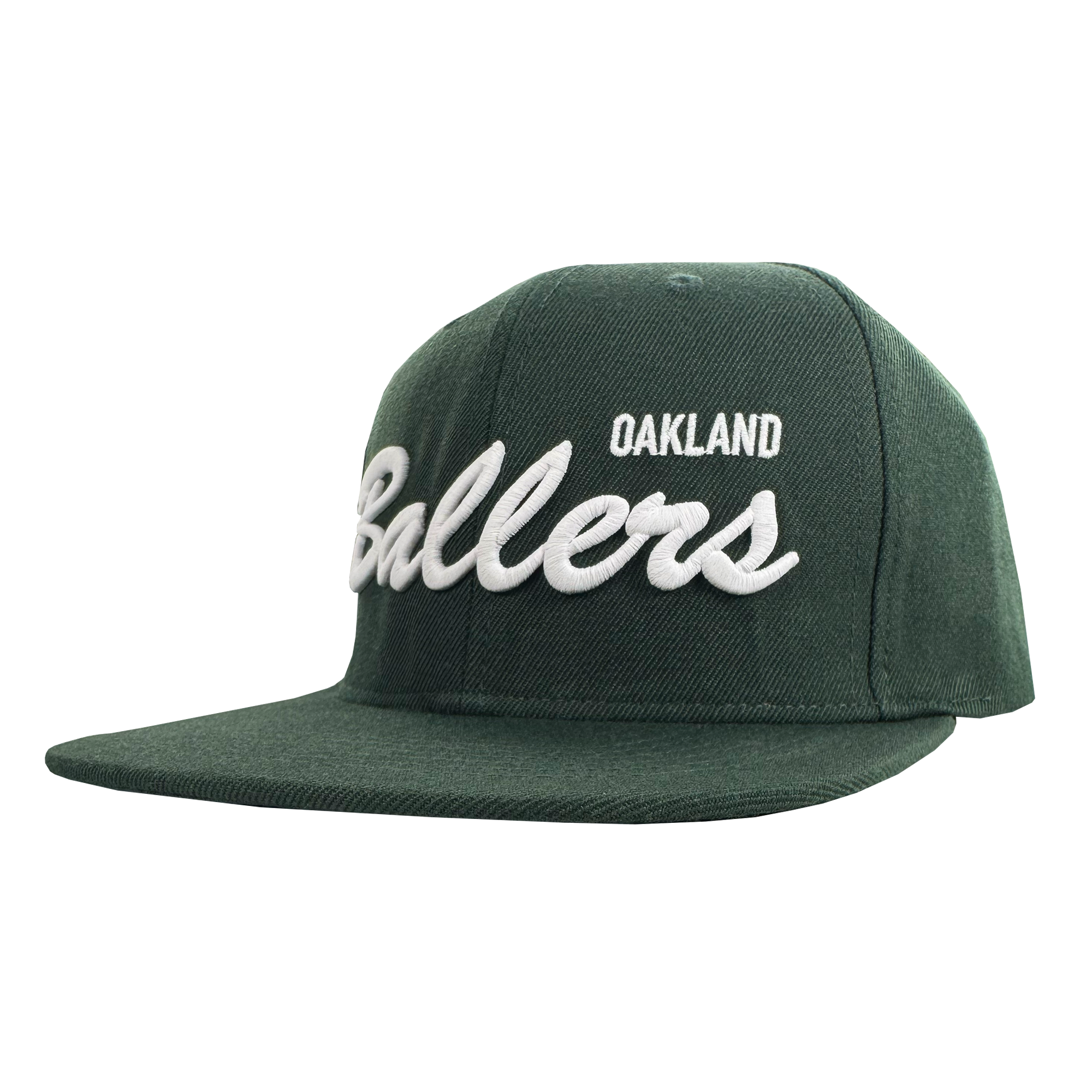 The Oakland Ballers Script Snapback is a dark green hat with "OAKLAND" in small white capitals and "Ballers" in bold cursive, featuring a flat brim and structured crown. Celebrates the Oakland Ballers baseball team. Brand: Oakland Ballers.