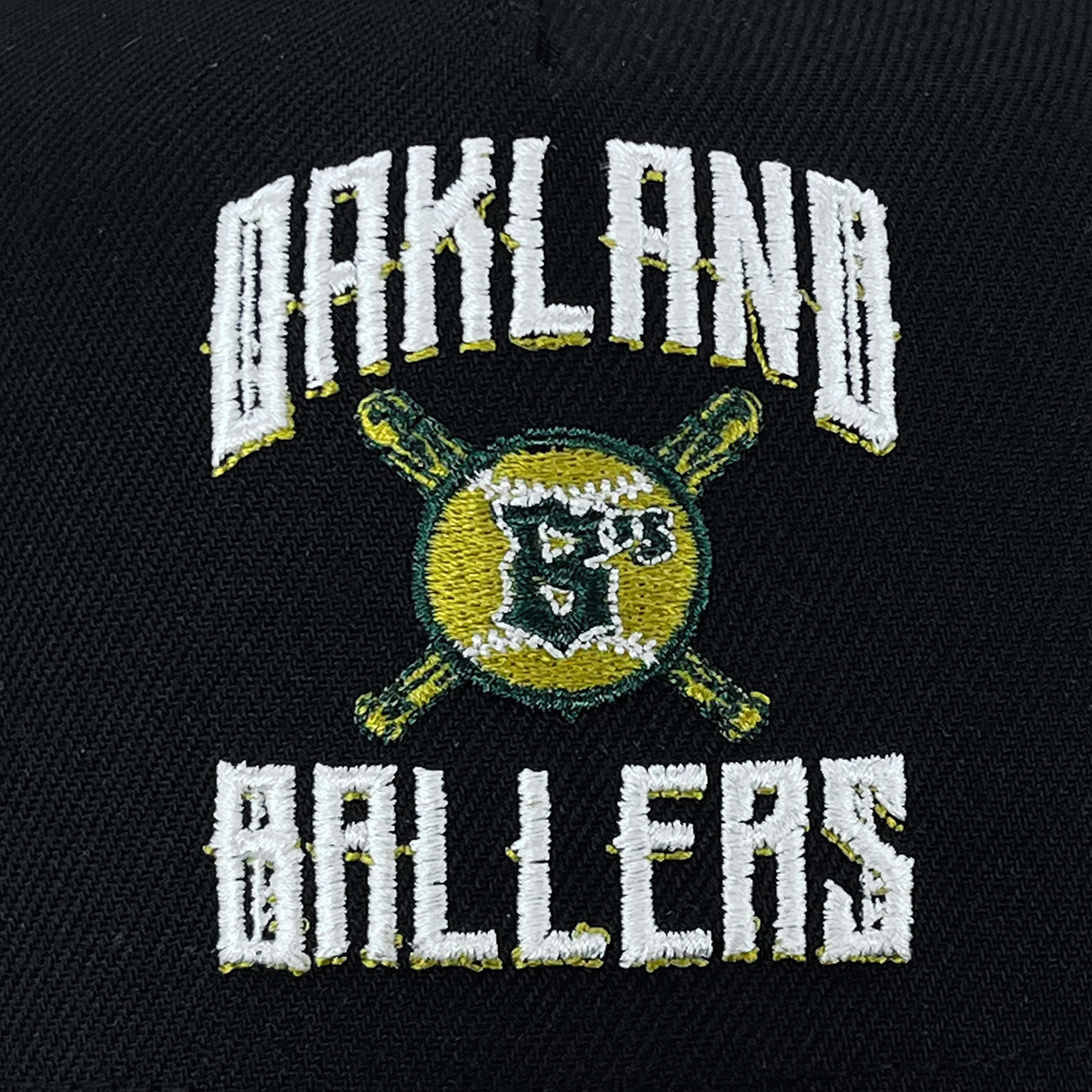 A New Era Oakland Ballers Alt Logo 9FIFTY AF Cap, featuring a black design with white text and the yellow logo of the Oakland Ballers, a professional baseball team in the Pioneer League.