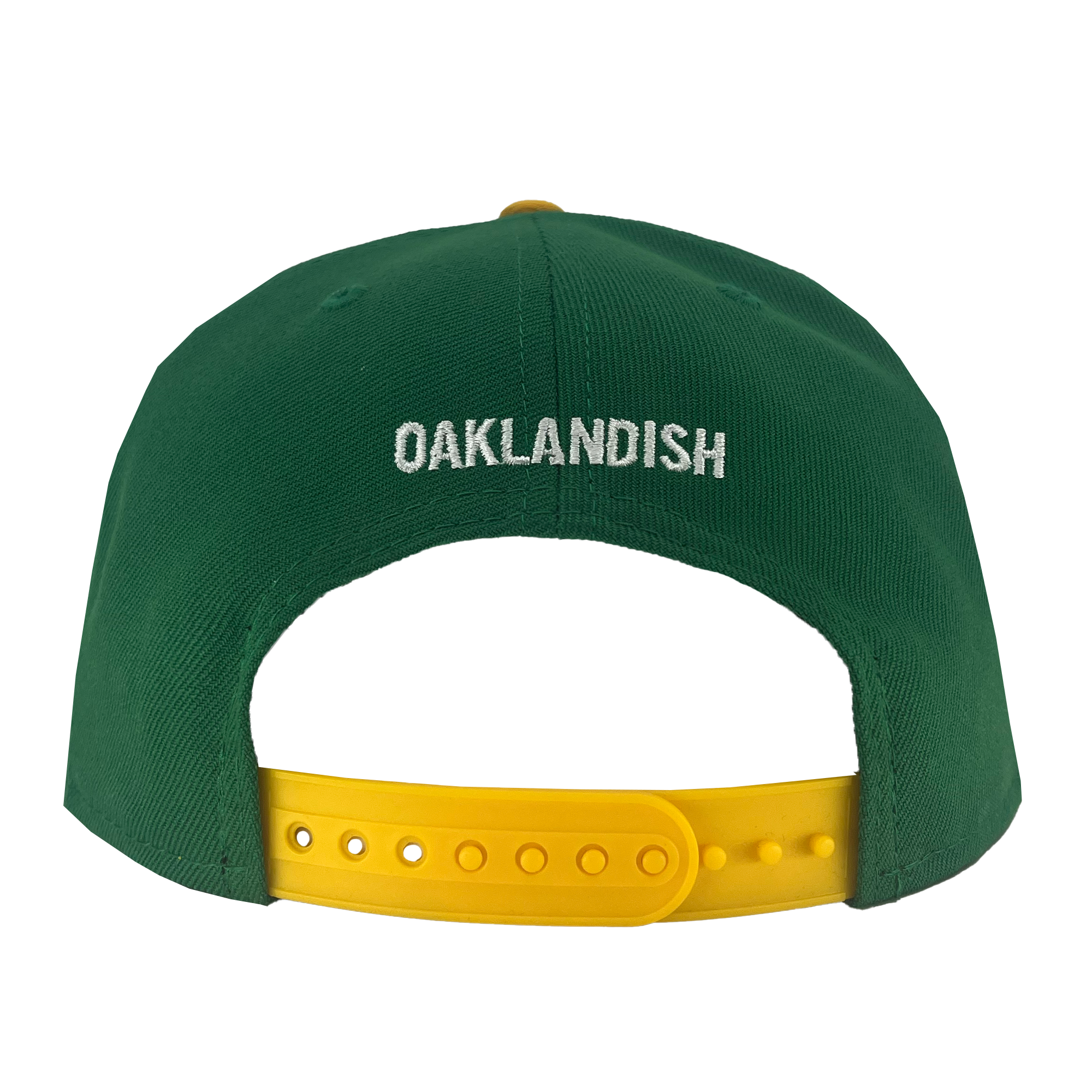 A green New Era Oakland Ballers 9FIFTY Cap is shown from the back. Embroidered in white letters on the back are the words "OAKLANDISH." The cap, perfect for fans of Oakland Ballers, has a yellow adjustable snapback strap with multiple holes for sizing.