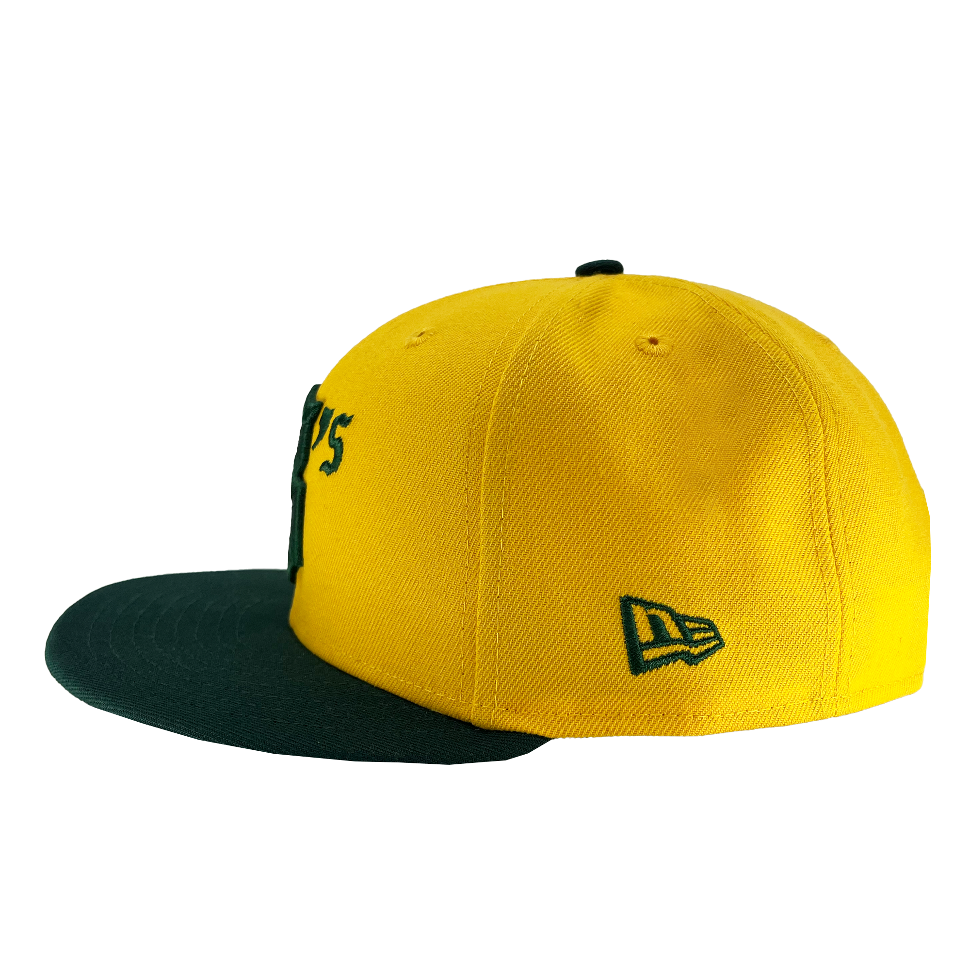 The New Era Oakland Ballers 9FIFTY Cap is shown, featuring a yellow crown with a dark green, flat brim. There is a small, embroidered logo of the Oakland Ballers on the left side. The cap is set against a white background, focusing on a side view that highlights the unique design and color contrast.