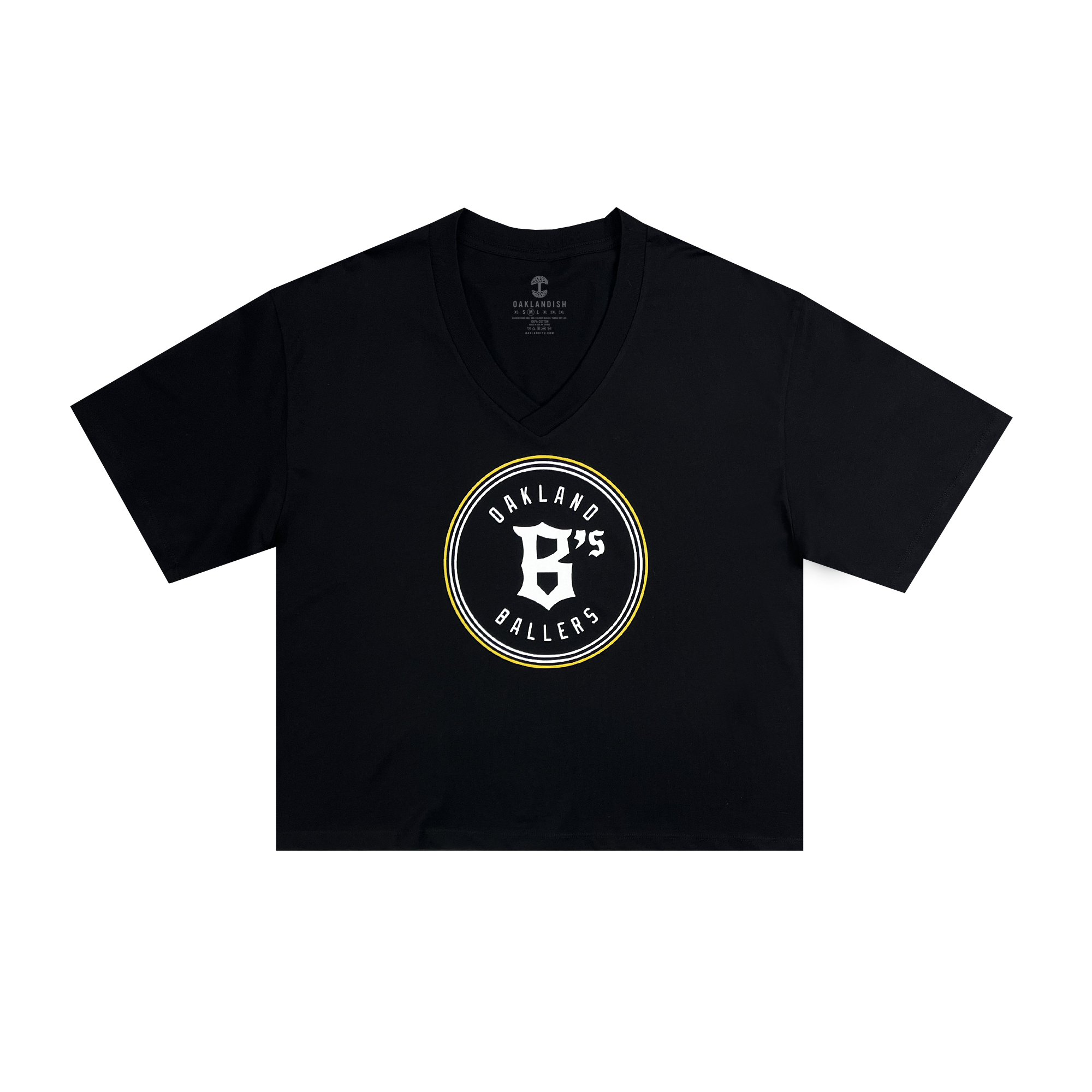 Women's Oakland Ballers Logo Relaxed V Neck Tee in black, featuring a cropped design and a prominent circular logo on the chest. The logo displays a white "B" and "67" within a black circle, surrounded by the words "Oakland Ballers" at the top and bottom, all encircled by yellow and white rings—an ideal choice for fans of Oakland's new Pro Baseball Team in the Pioneer League.