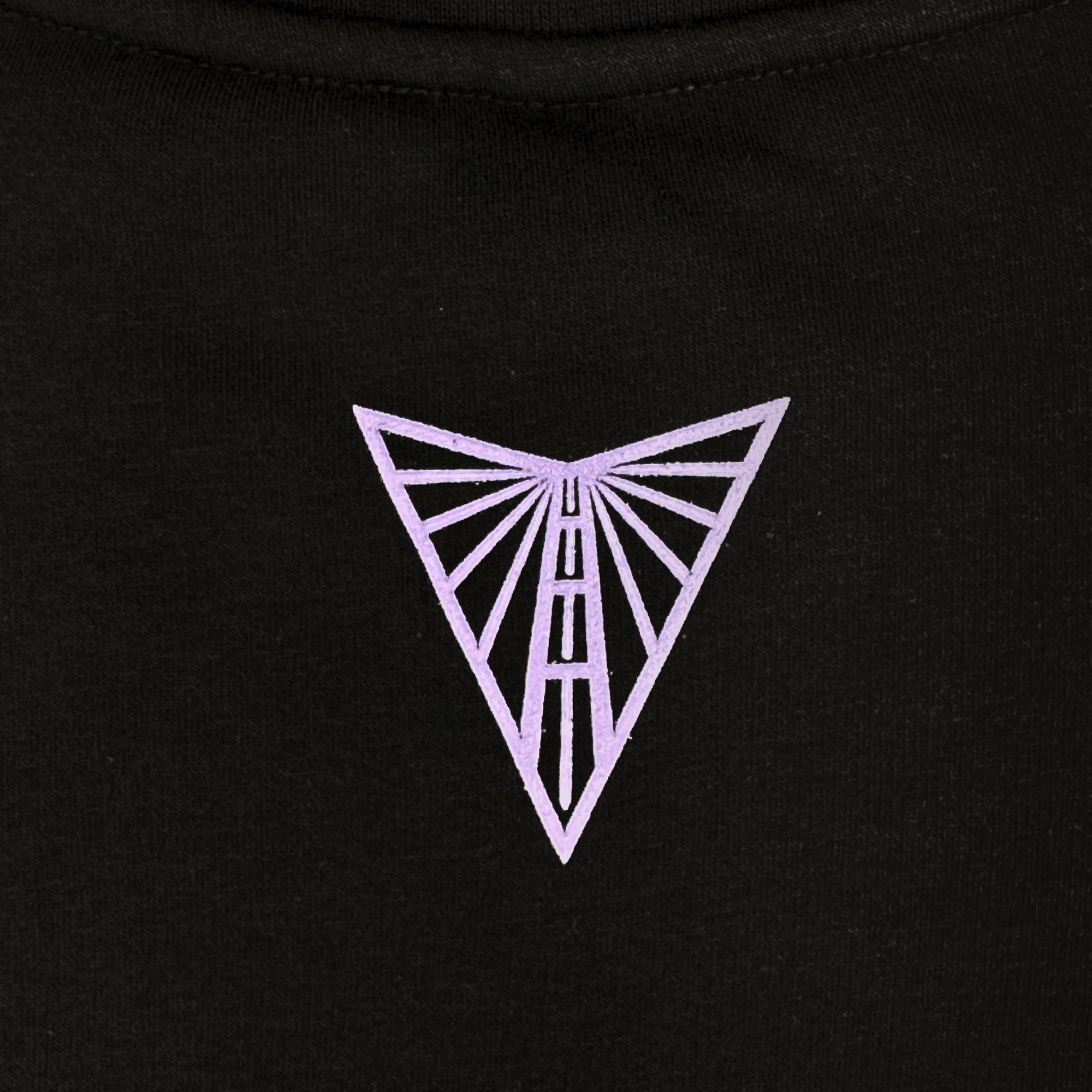A lavender geometric design on black fabric—featuring a downward-pointing triangle and radiating lines—adorns the officially licensed GSV Golden State Valkyries Balloons Crew sweatshirt.