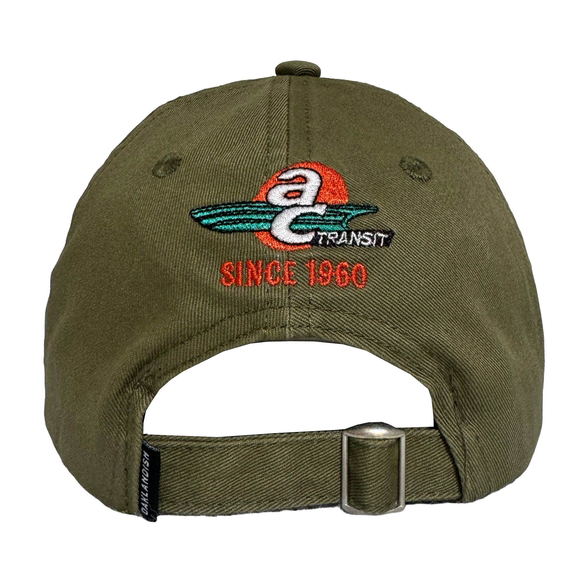 The Oaklandish AC Transit Dad Hat features a vintage-inspired green design with an embroidered "a TRANSIT SINCE 1960" logo, paying homage to classic AC Transit style.